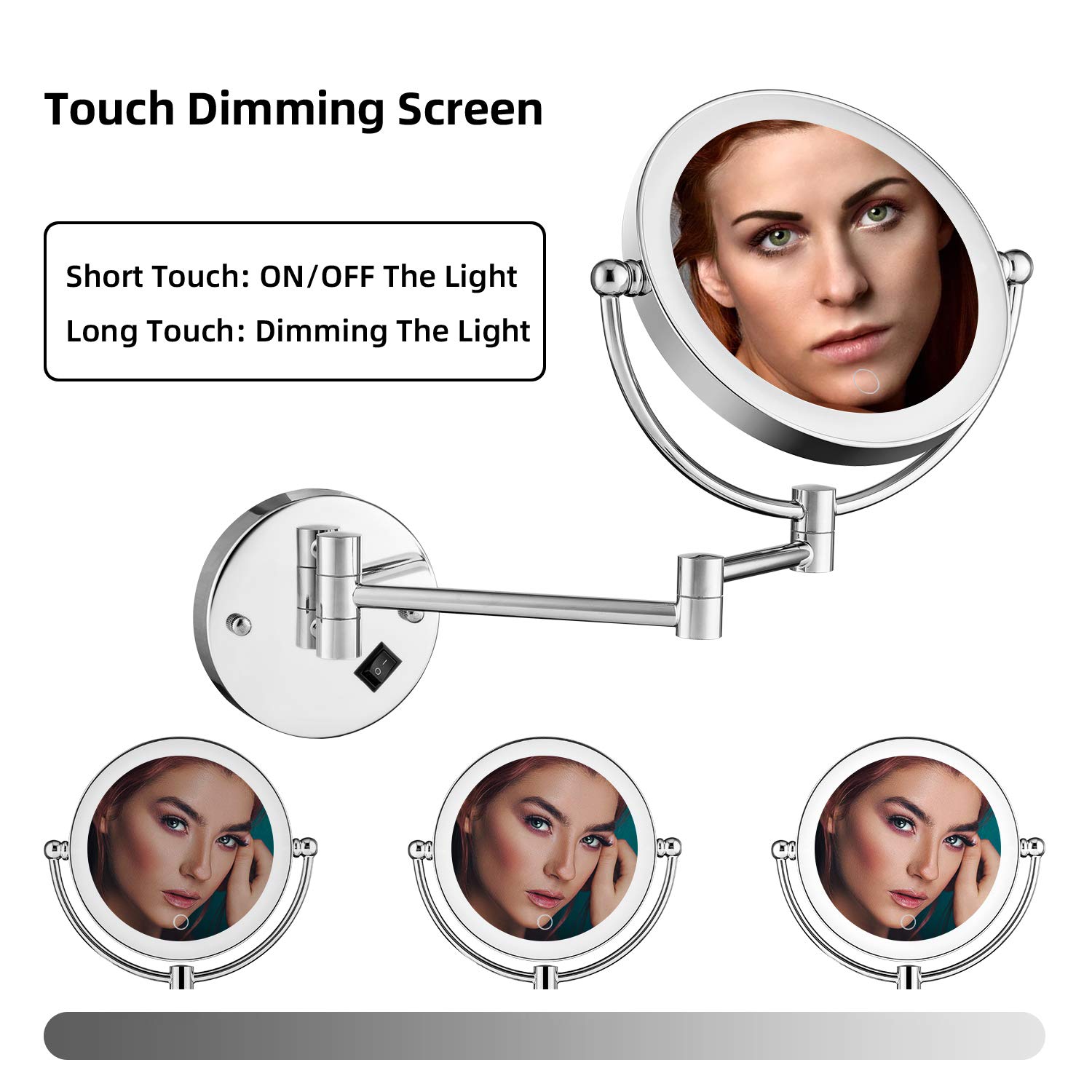 5X Magnifying LED Wall Mounted Makeup Mirror - Dimmable Touch Screen Bathroom Mirror with Switch & Plug-in Power - Perfect for Vanity, Dressing Room & Bathroom Lighting