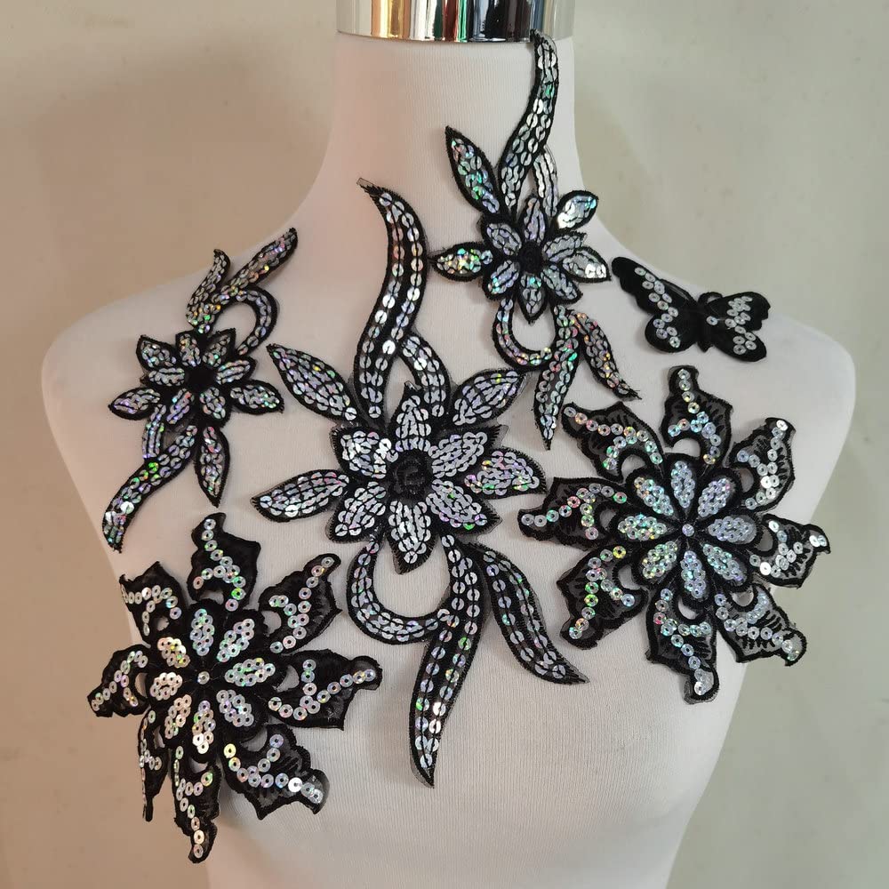 Flower Embroidery Iron On Patch with Sequin & Beaded Design - Black Embroidered Applique for Jackets, Jeans, Bags & DIY Clothing Customization | Perfect for Denim Jackets, Backpacks & Fashion Upcycling