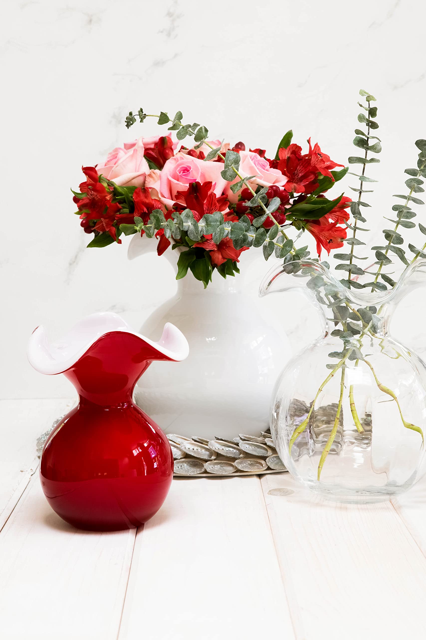 Vietri Hibiscus Glass White Medium Fluted Vase - 10 Inch Italian Mouth Blown Vase for Dining Table, Entryway & Home Decor - Perfect for Floral Arrangements and Elegant Centerpieces