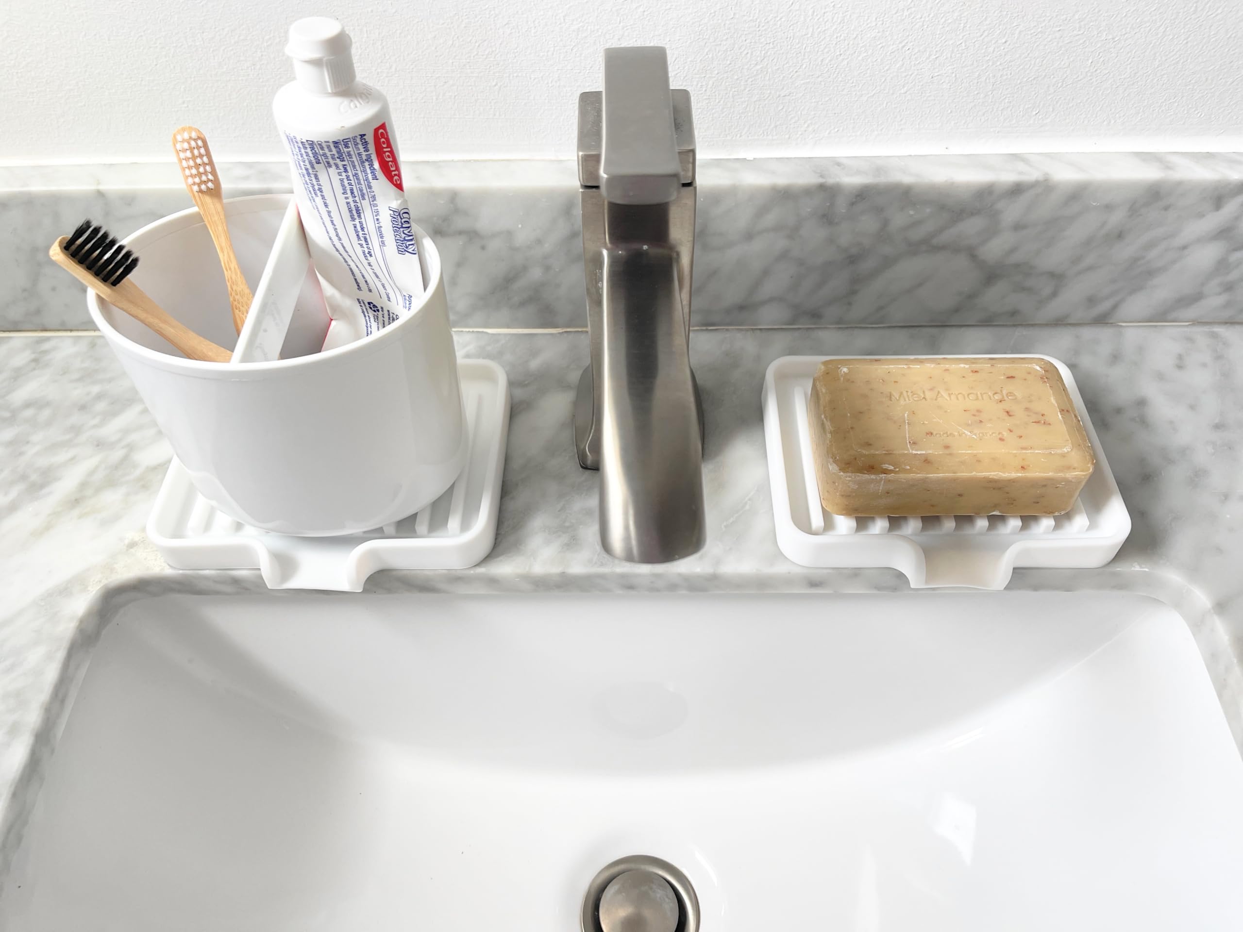 Happitasa 2-Pack Silicone Soap Dish Tray with Drain Chute & Sponge Holder - Non-Slip Bathroom & Kitchen Sink Organizer (Black, 5.2
