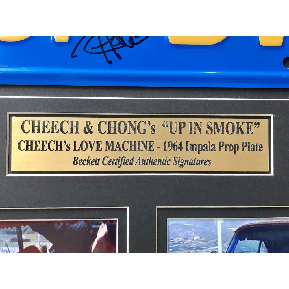 Cheech & Chong Signed 'Up in Smoke' Movie Car License Plate Framed Collage - Authentic Memorabilia for BAS Auto & Movie Fans | Perfect for Man Cave, Home Theater, or Collector's Display