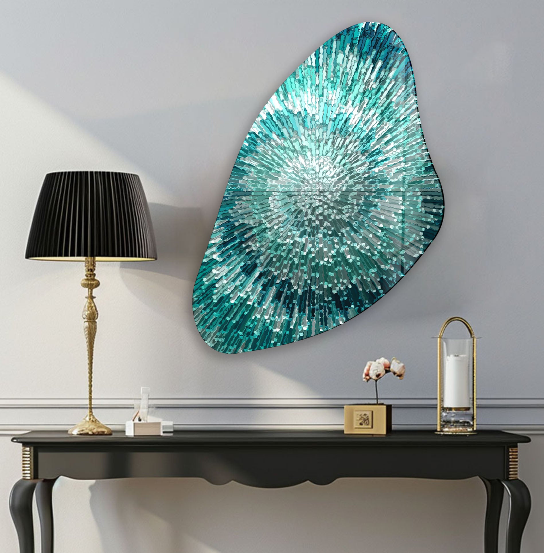 Abstract Turquoise Aesthetic Glass Wall Art - Modern Home Decor for Living Room, Bedroom & Office - Handmade Blue Ocean Inspired Glass Panel for Unique Wall Design
