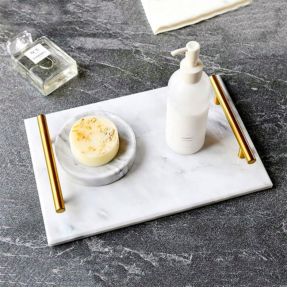Natural Grey Marble Tray with Gold Metal Handle - 11.8 x 7.9 Inch Decorative Stone Serving Tray for Bathroom, Kitchen, Vanity, Dresser & Nightstand - Perfect for Organizing Jewelry, Cosmetics & Home Decor
