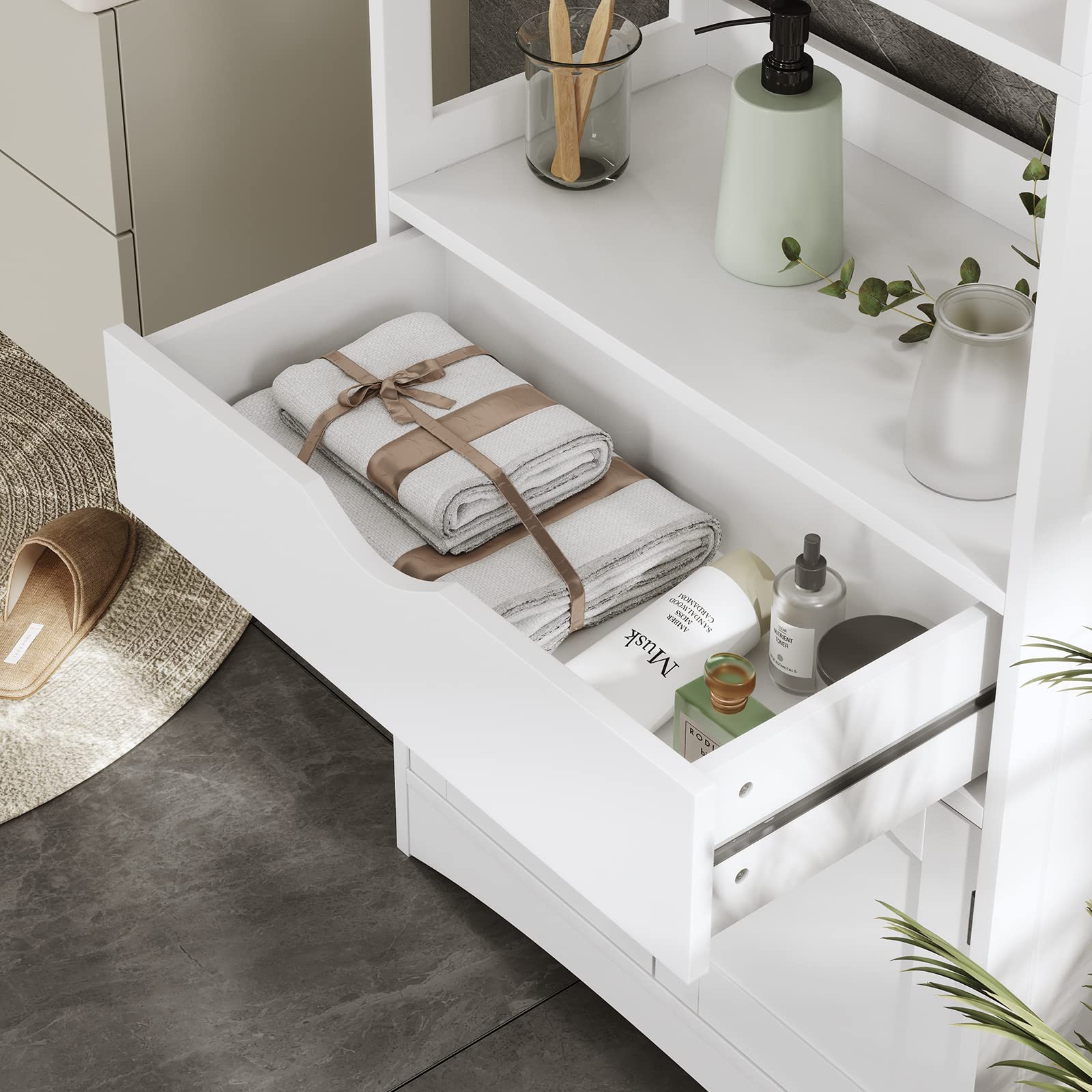 White Sideboard Storage Cabinet with 2 Open Shelves, 1 Drawer & Cupboard - Kitchen Pantry Organizer with Microwave Space, Freestanding Floor Cabinet for Bathroom, Living Room & Bedroom - Perfect for Home Storage, Bookshelf & Display Unit