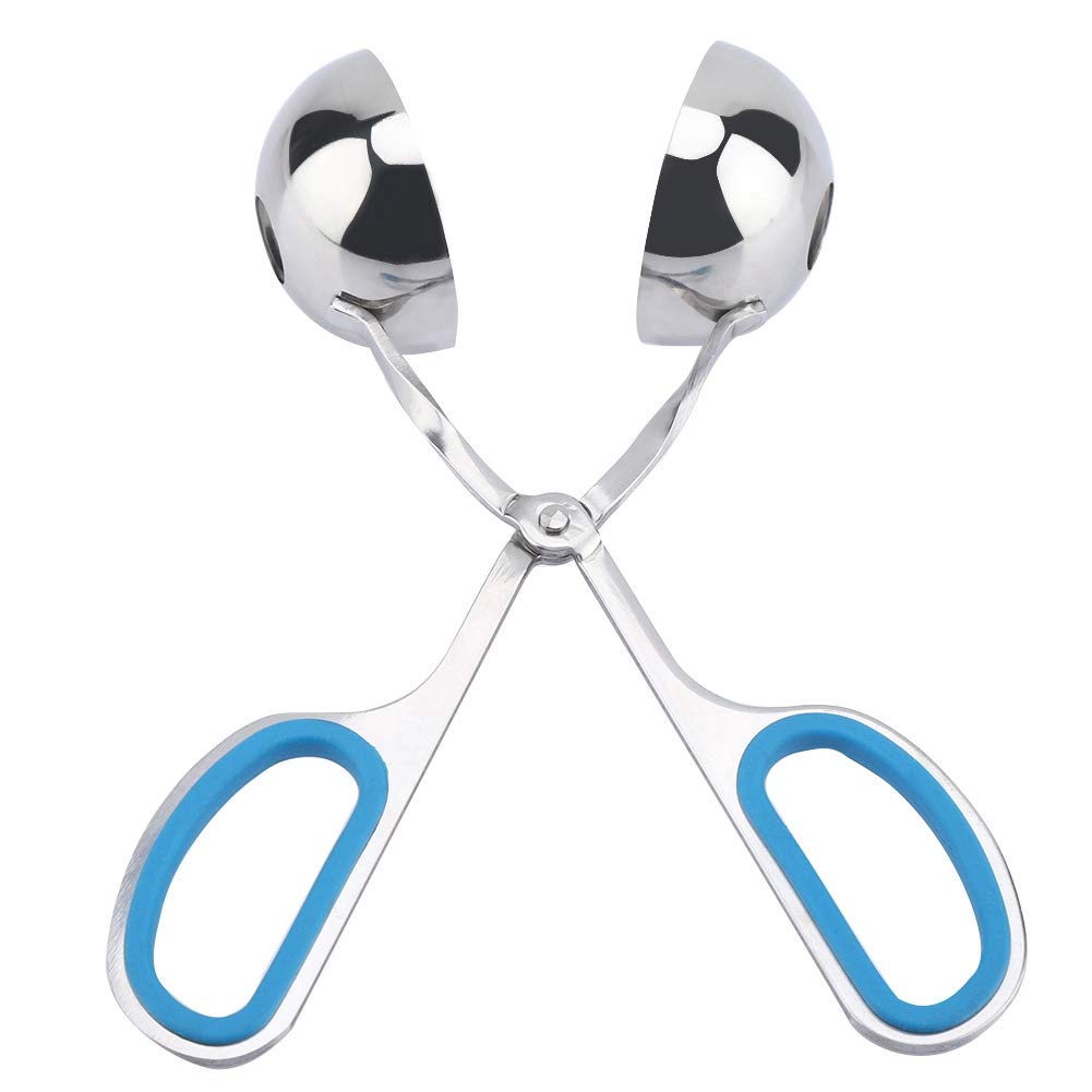 Non-Stick Stainless Steel Meatball Scoop & Ice Tongs - Rice Ball Maker, Cookie Scoop with Anti-Slip Rubber Handle (Blue) - Perfect for Cooking, Baking, and Ice Serving