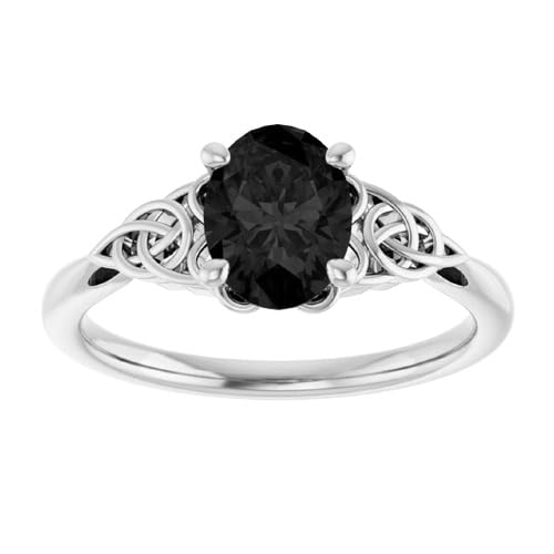 1.5 CT Oval Black Diamond Engagement Ring 10K White Gold - Trinity Irish Celtic Knot Wedding Band for Women - Elegant Black Onyx Swirl Ring Size 7.5 - Perfect for Anniversary, Proposal & Special Occasions