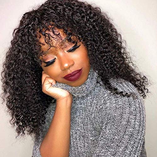 ISEE Hair 180% Density Glueless Kinky Curly Human Hair Wigs for Black Women - Non Lace Front Wig with Bangs, Natural Black Color (10 Inch) | Perfect for Daily Wear, Cosplay & Protective Styling