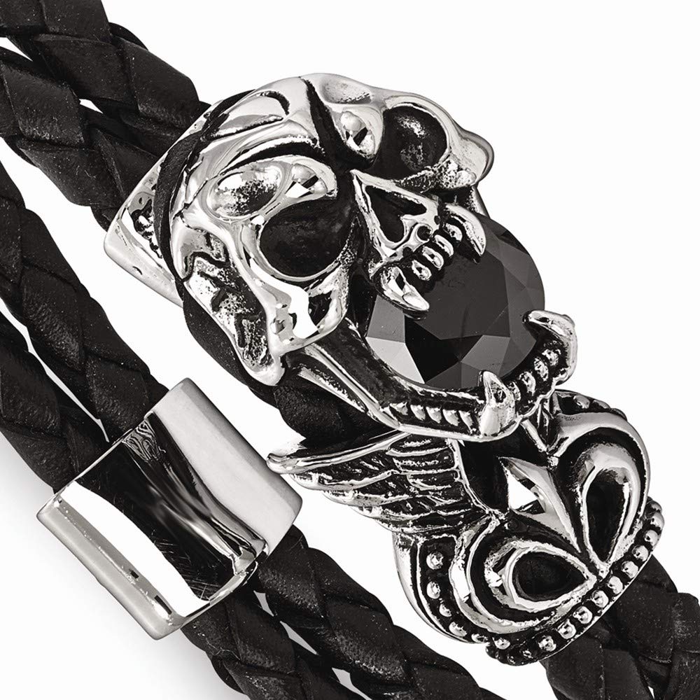 Vintage Stainless Steel & Glass Leather Bracelet - 8.5