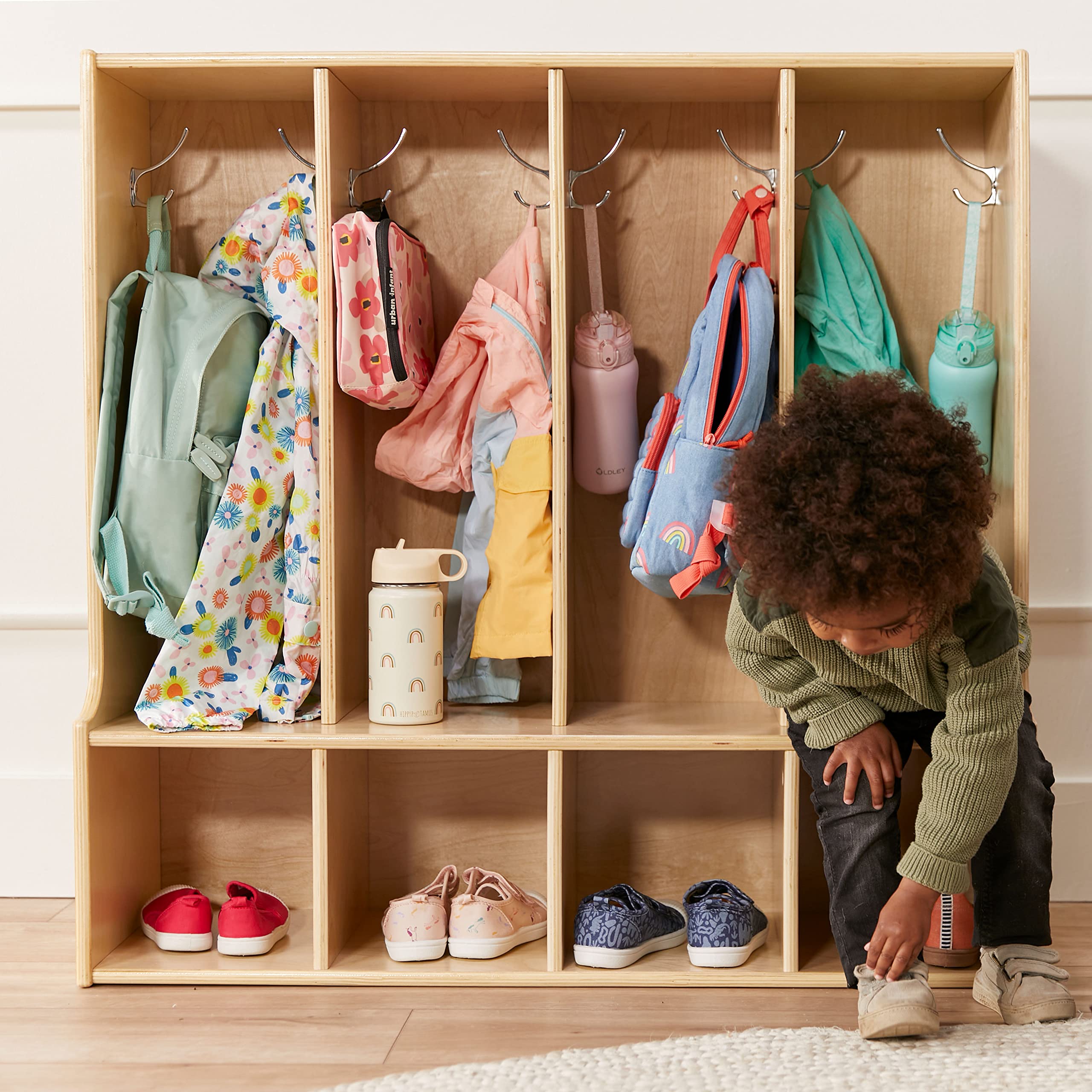 ECR4Kids Streamline 4-Section Coat Locker with Bench - Natural Wood Toddler-Sized Storage Furniture for Daycare, Preschool & Home Entryway Organization
