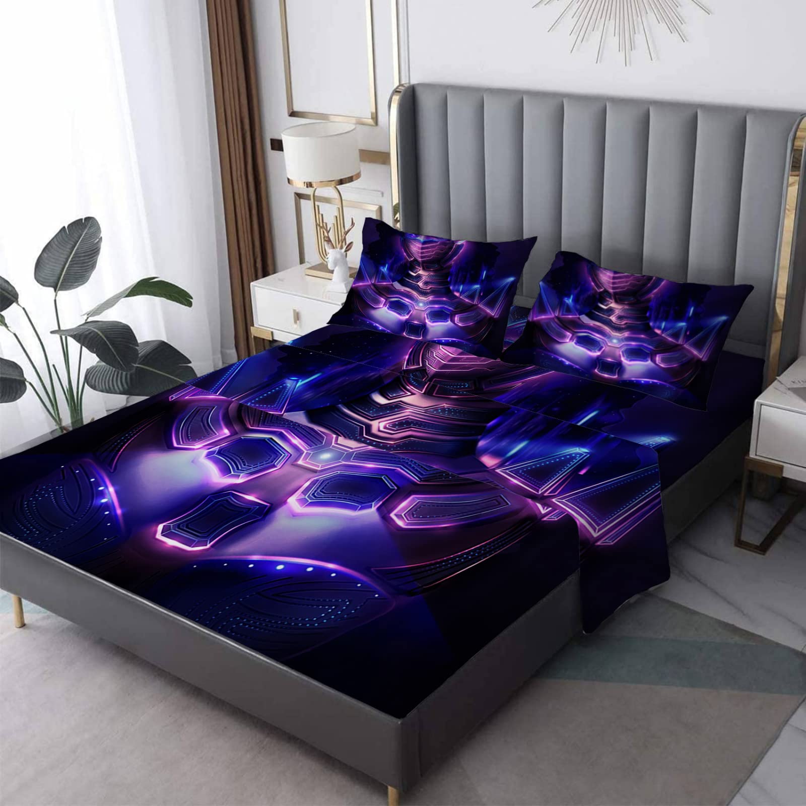 Robot Purple Neon 4-Piece Bed Sheets Set - Soft, Wrinkle-Free & Breathable for Deep Pocket Mattresses | Perfect for Kids' Rooms & Dorm Decor