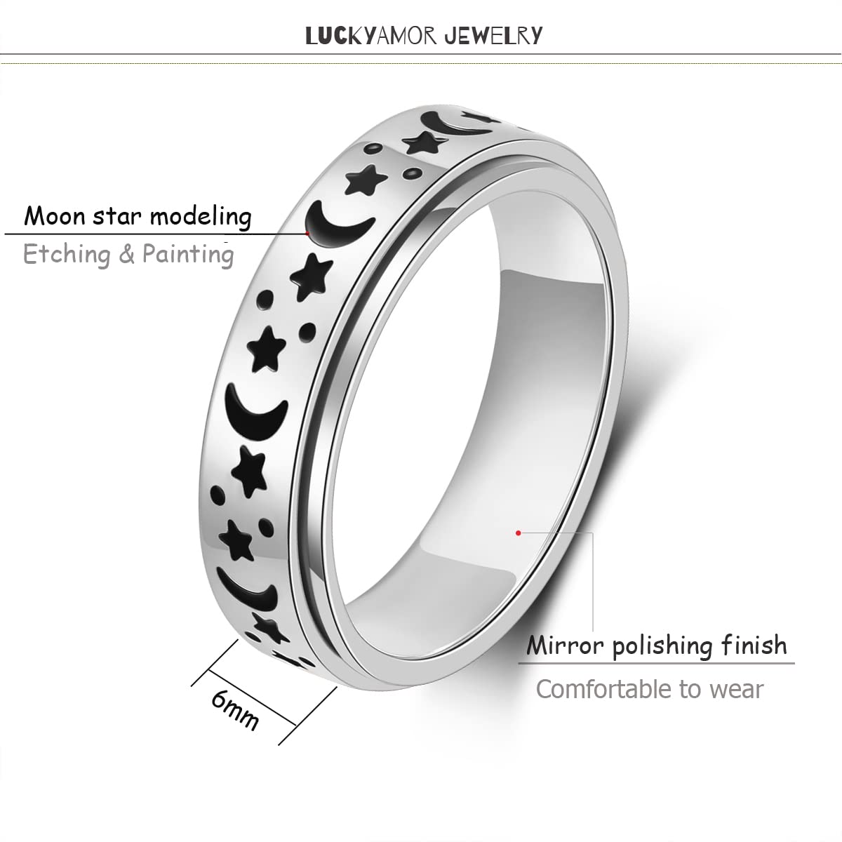 Anxiety Spinner Ring for Women & Men - Moon Star Design for Stress Relief