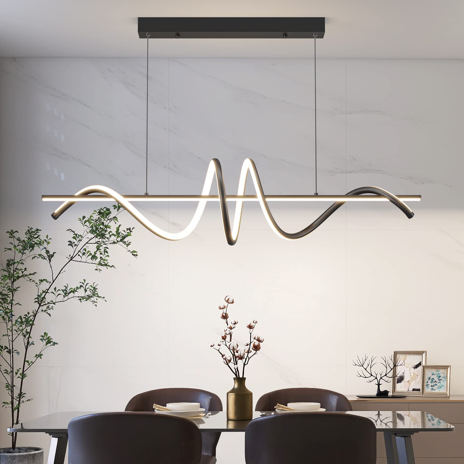 Modern LED Chandelier for Dining Room - Dimmable 3000K-6500K, Remote Control Black Spiral Pendant Light, 50W Adjustable Height Hanging Light for Kitchen Island, Restaurant & Home Decor - Perfect for Dining Areas, Living Rooms and Commercial Spaces
