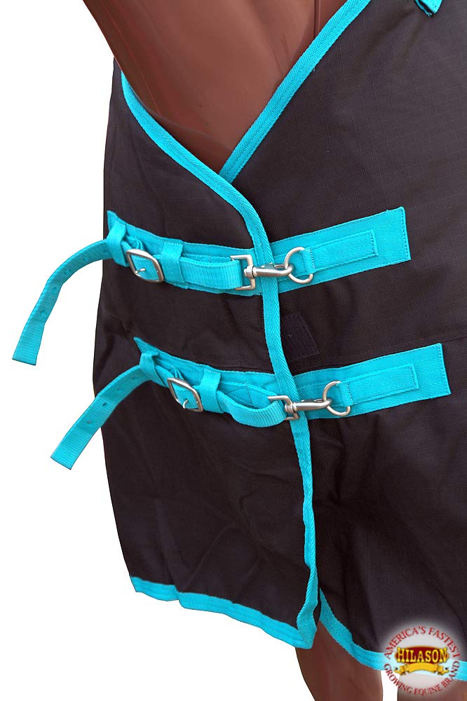 HILASON 1200D Winter Waterproof Horse Blanket with Belly Wrap - 78 Inch Black & Turquoise - Heavy Duty Turnout Blanket for Cold Weather | Ideal for Pasture, Riding, and Stable Use