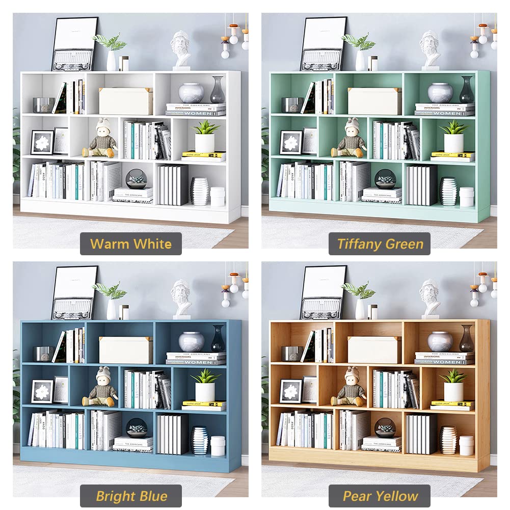 IOTXY 3-Tier Open Shelf Bookcase - Wooden Floor Standing Display Cabinet with 10 Cubes, Storage Organizer for Living Room, Bedroom & Office (Warm White)
