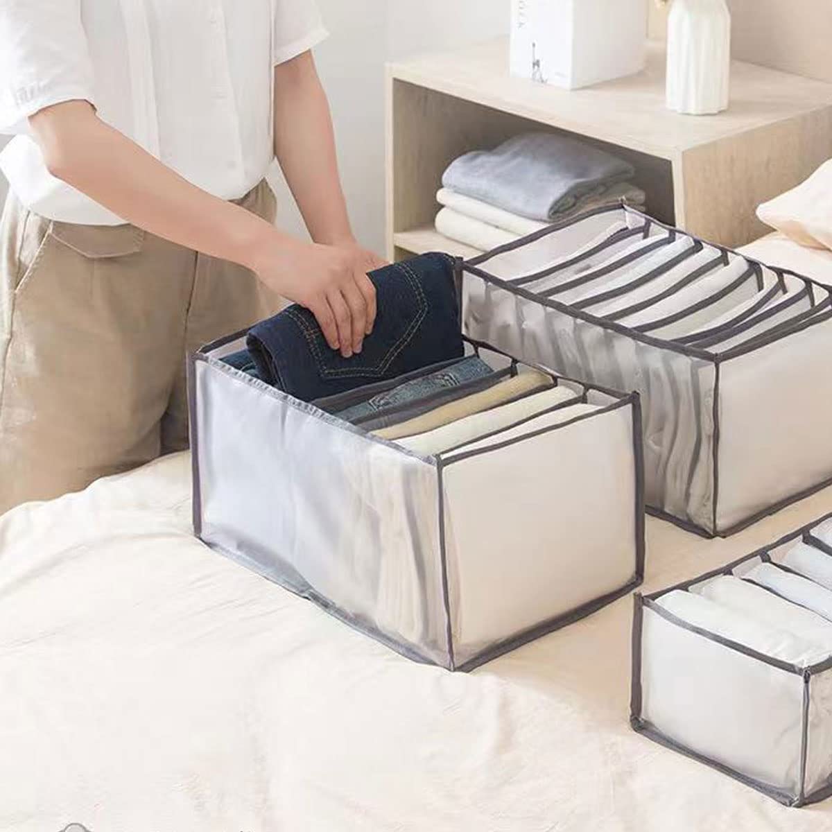 3-Piece Washable Mesh Wardrobe Organizer Set - 7 Grids & 9 Grids Foldable Closet Drawers for Jeans, Shirts, T-Shirts, Leggings | Space-Saving Clothes Storage Solution for Bedroom, Closet & Dorm Organization