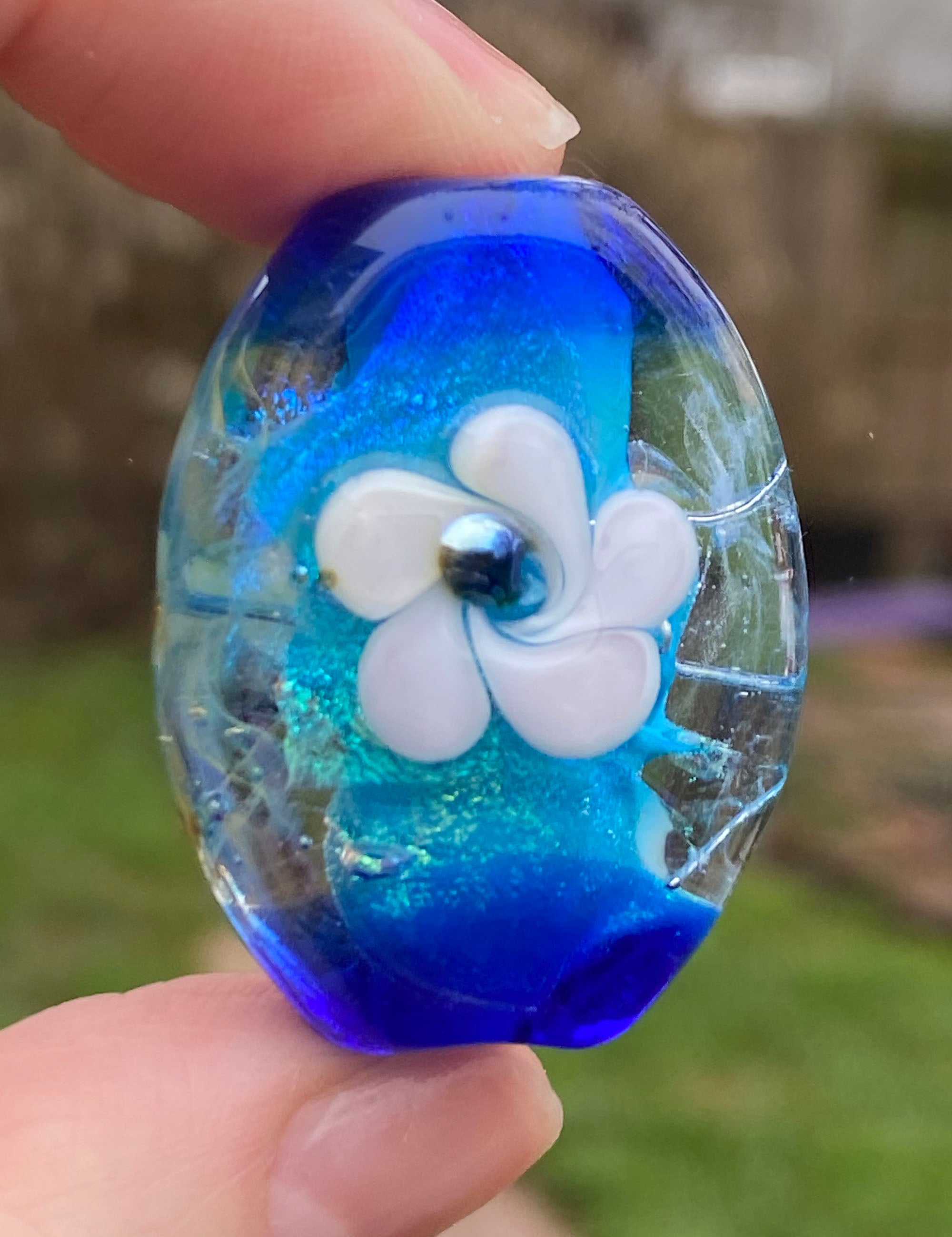 Handmade Caribbean Blue Floral Lampwork Glass Focal Bead for Jewelry Making - Perfect for Necklaces, Bracelets, and DIY Craft Projects