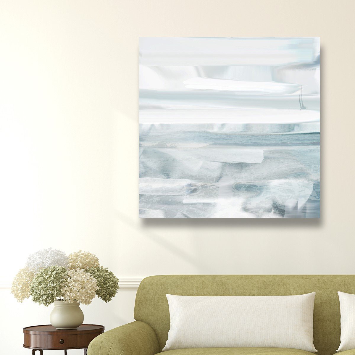 Oliver Gal Artist Co. Abstract Wall Art Canvas Print 'Misty Beach' - 16x16 Inch Blue & White Coastal Home Decor - Perfect for Living Room, Bedroom, or Office Wall Decoration