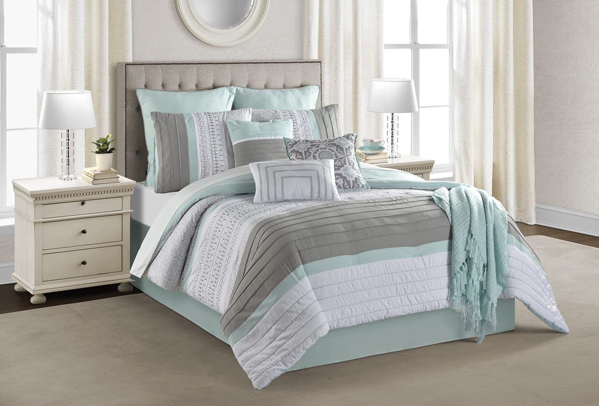 Premium 10-Piece Cotton Comforter Set King Size - Soft Teal & Turquoise Bedding Includes Comforter, Bed Skirt, Pillow Shams, Euro Shams, Throw Pillows & Blanket - Luxury Bedroom Decor for Master Suite, Guest Room & Hotel Style Makeover