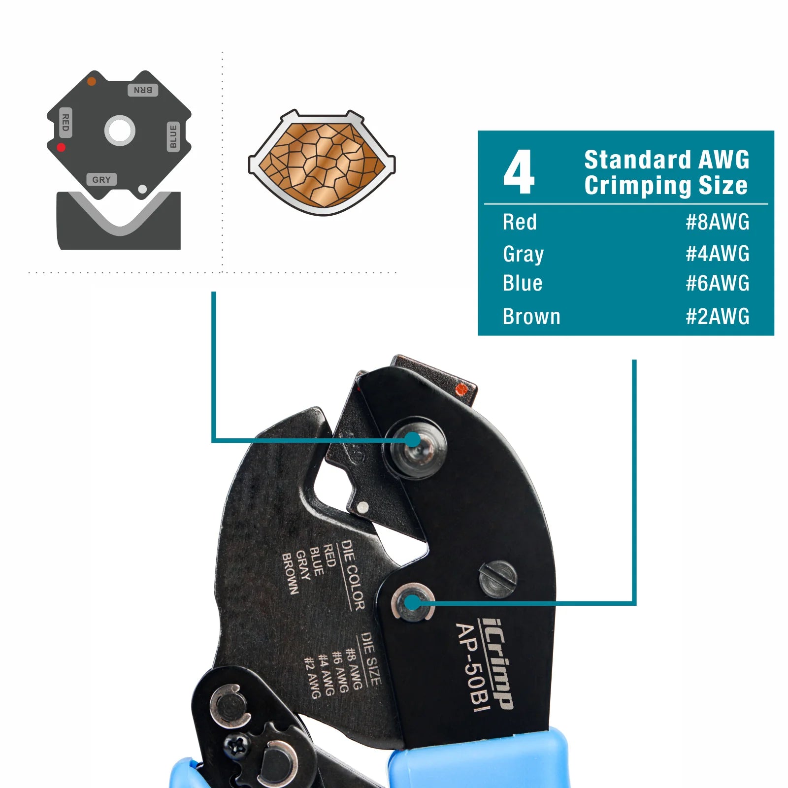 AP 50BI Heavy Duty Battery Cable Terminal Lug Crimper Tool for 8, 6, 4, 2 AWG Copper Cable Lugs - Professional Battery Cable Ends Crimping for Automotive, Marine, and Solar Power Applications