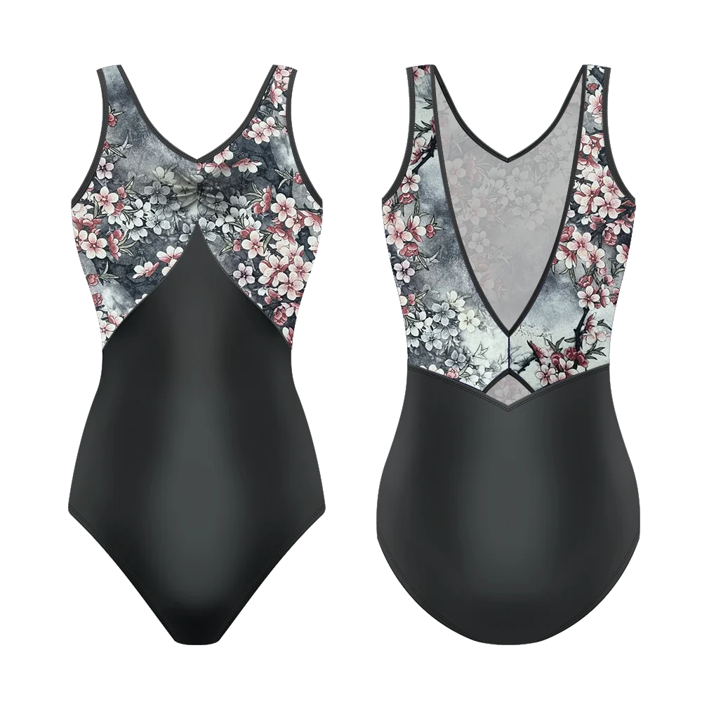 Violette Grey Blossom Leotard for Women - Elegant Ballet Dancewear with Floral Design | Perfect for Ballet Class, Dance Performance & Gymnastics Practice