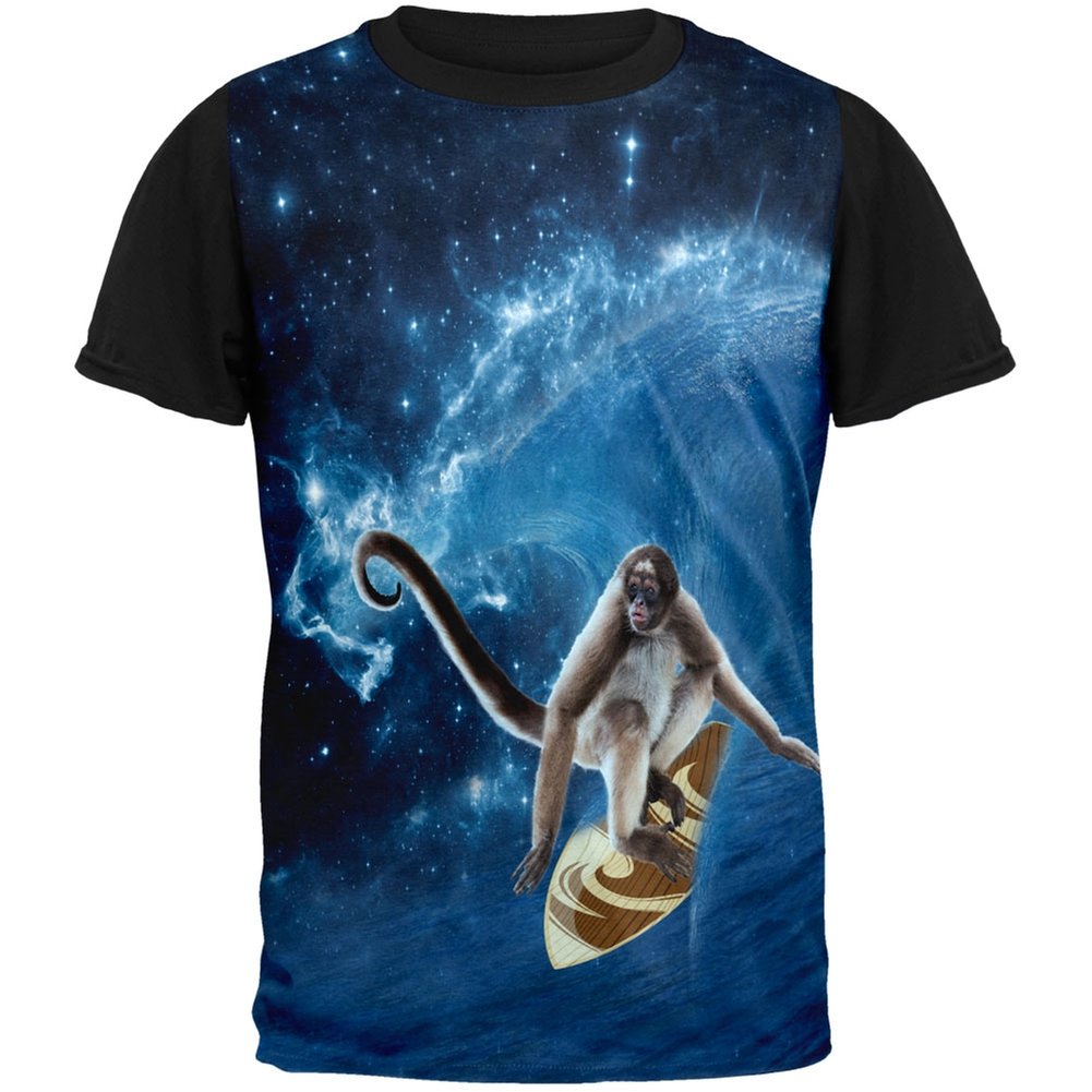 Galaxy Space Surfing Spider Monkey Graphic T-Shirt for Adults - Black Back Print | Perfect for Casual Wear, Surfing Enthusiasts & Space Lovers