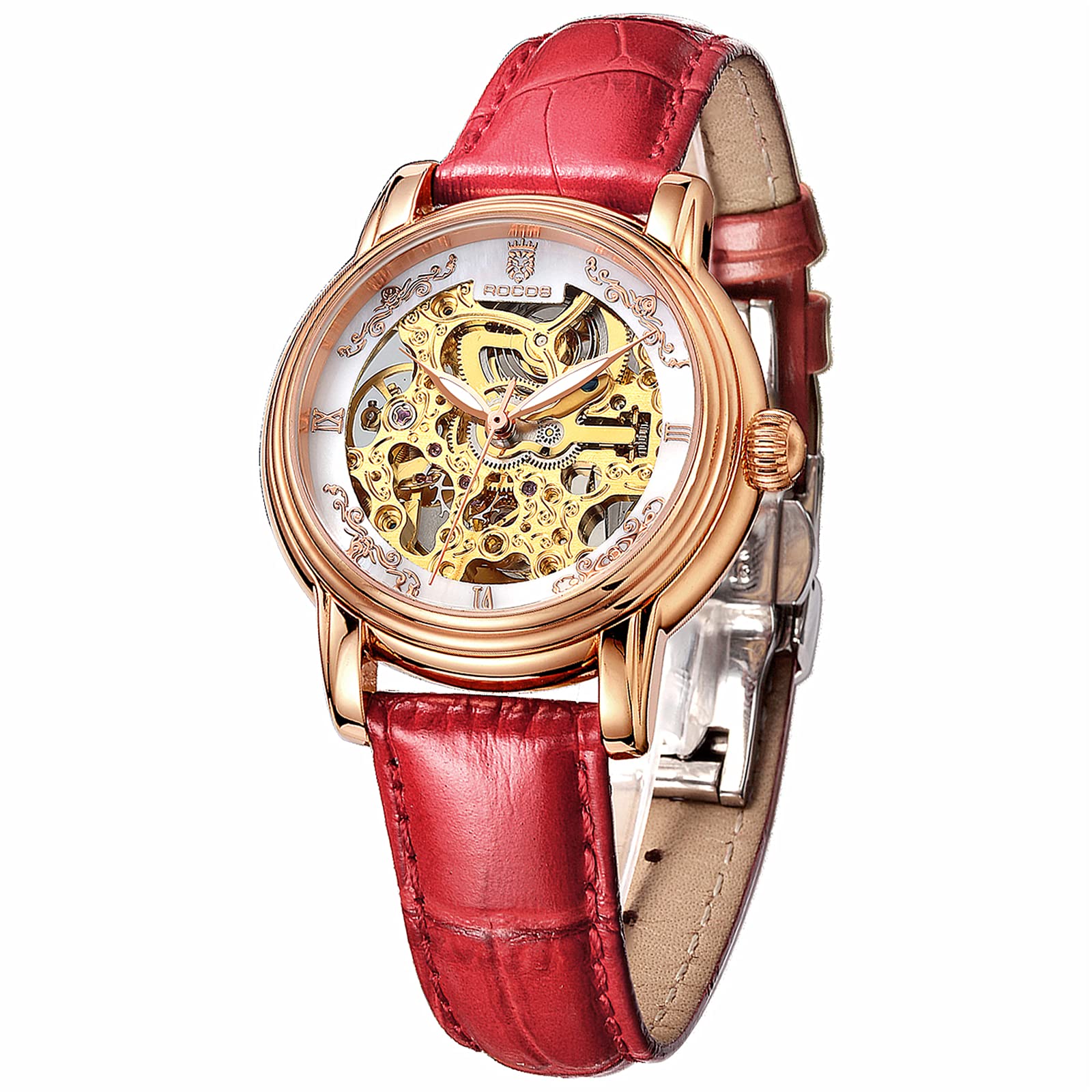 Luxury Women's Skeleton Automatic Mechanical Watch - Leather Strap Waterproof Analog Ladies Wristwatch - Fashion & Elegant Design R0206L - Perfect for Office, Party & Formal Occasions