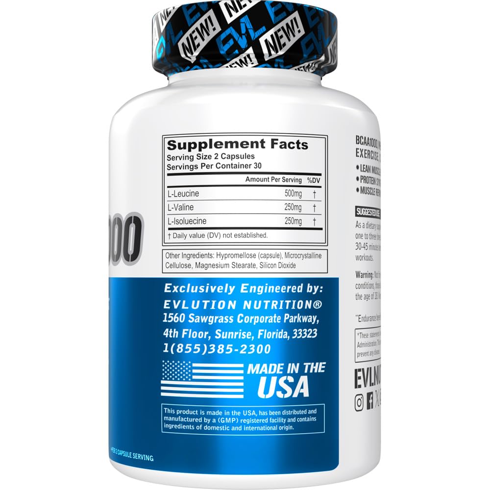 EVL BCAA 1000 Branched Chain Amino Acids Supplement for Men - 2:1:1 Ratio, 5g Capsules for Post Workout Recovery, Lean Muscle Growth & Energy Boost - 30 Servings - Ideal for Gym Training, Bodybuilding & Fitness Enthusiasts