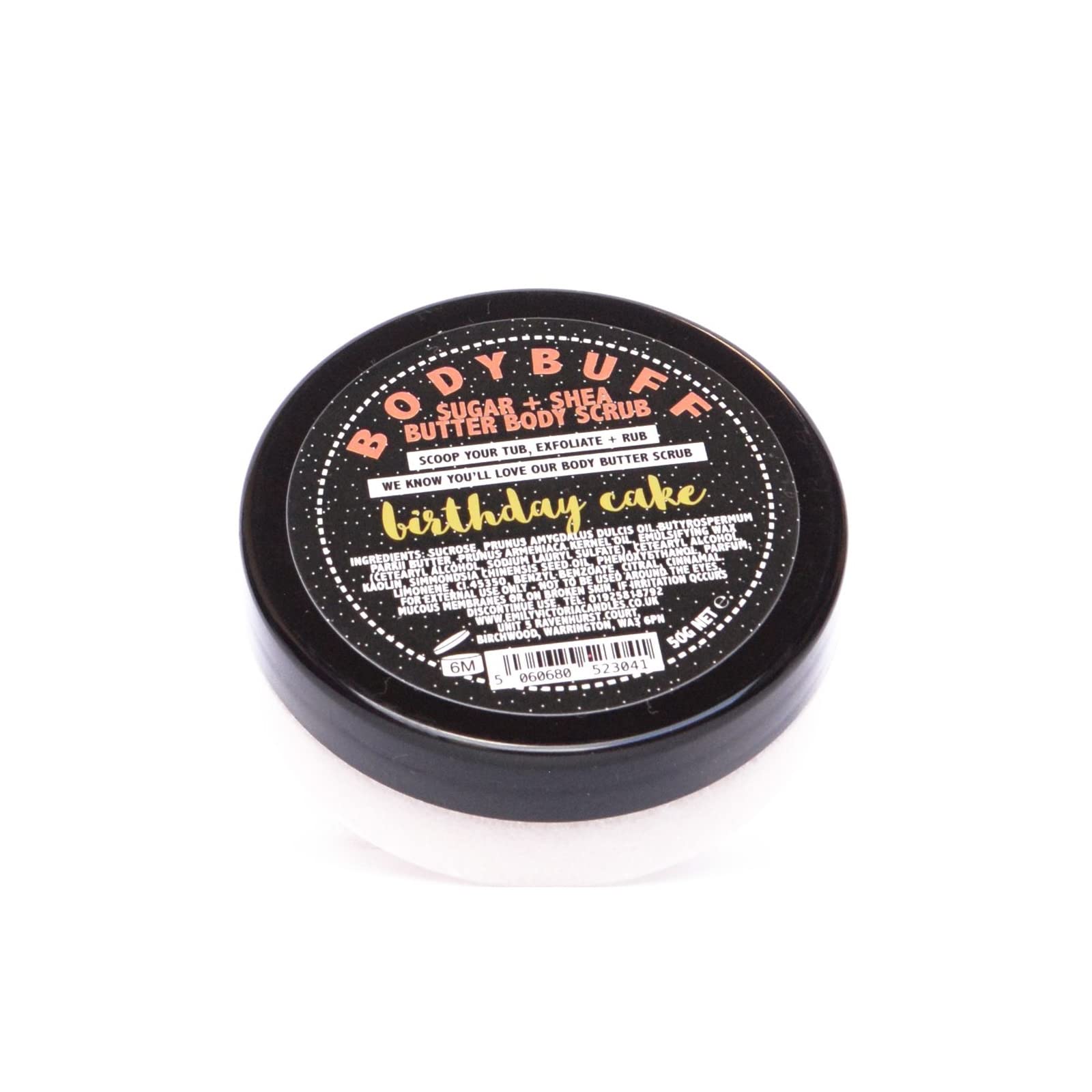 Emily Victoria Travel Size Body Buff Sugar & Shea Butter Body Scrub - Birthday Cake Scent 50g | Exfoliating & Moisturizing for Soft Skin | Perfect for Travel, Gifts & Spa Days