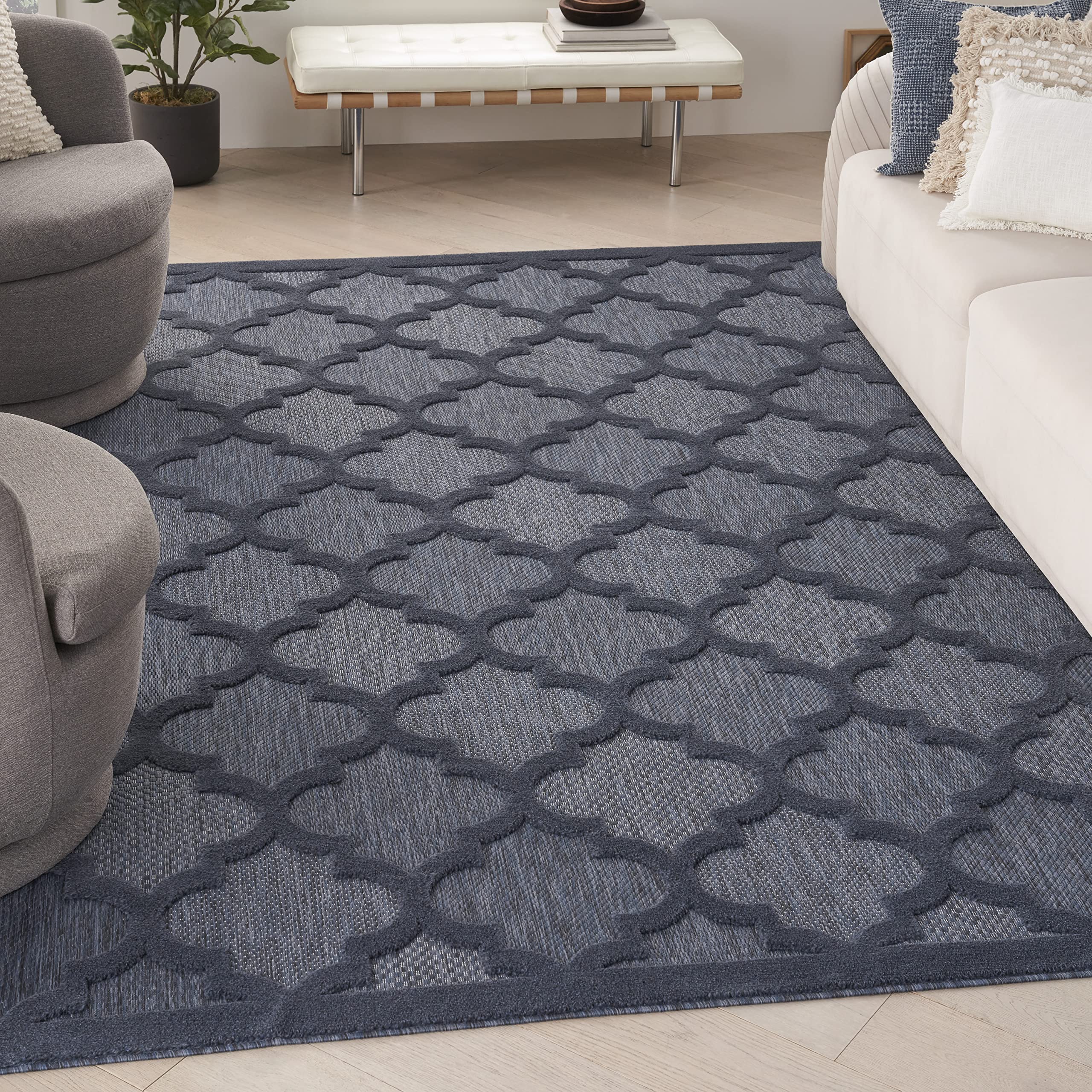 Nourison Easy Care Moroccan Navy Blue 9' x 12' Area Rug - Trellis Design, Non-Shedding & Easy Cleaning - Perfect for Bedroom, Living Room, Dining Room, Backyard, Deck & Patio (9x12) - Ideal for Indoor/Outdoor Use & High-Traffic Areas