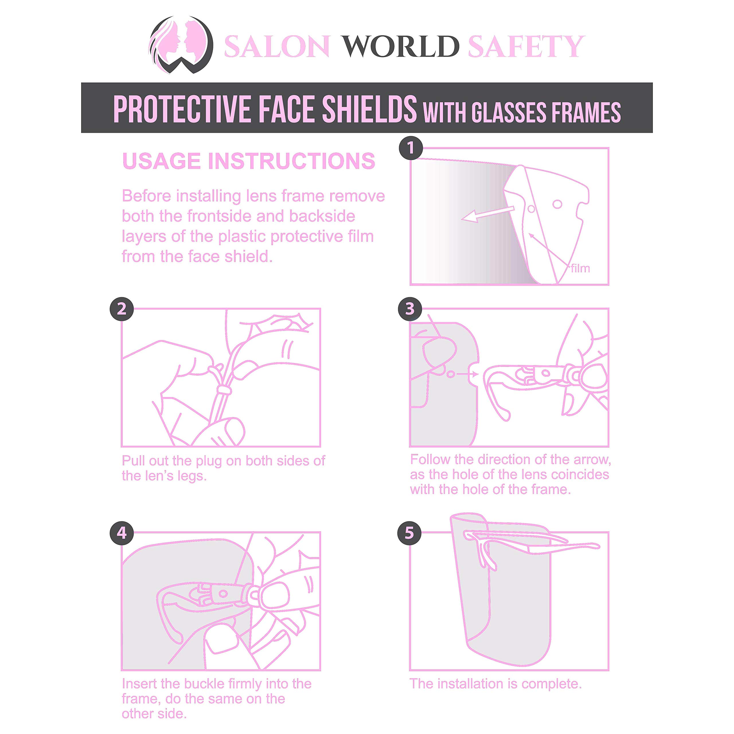 TCP Global Salon World Safety Face Shields with Pink Glasses Frames (500-Pack) - Clear Full Face Protection for Eyes, Nose & Mouth - Anti-Fog PET Plastic Shields - Ideal for Salons, Healthcare & Industrial Use