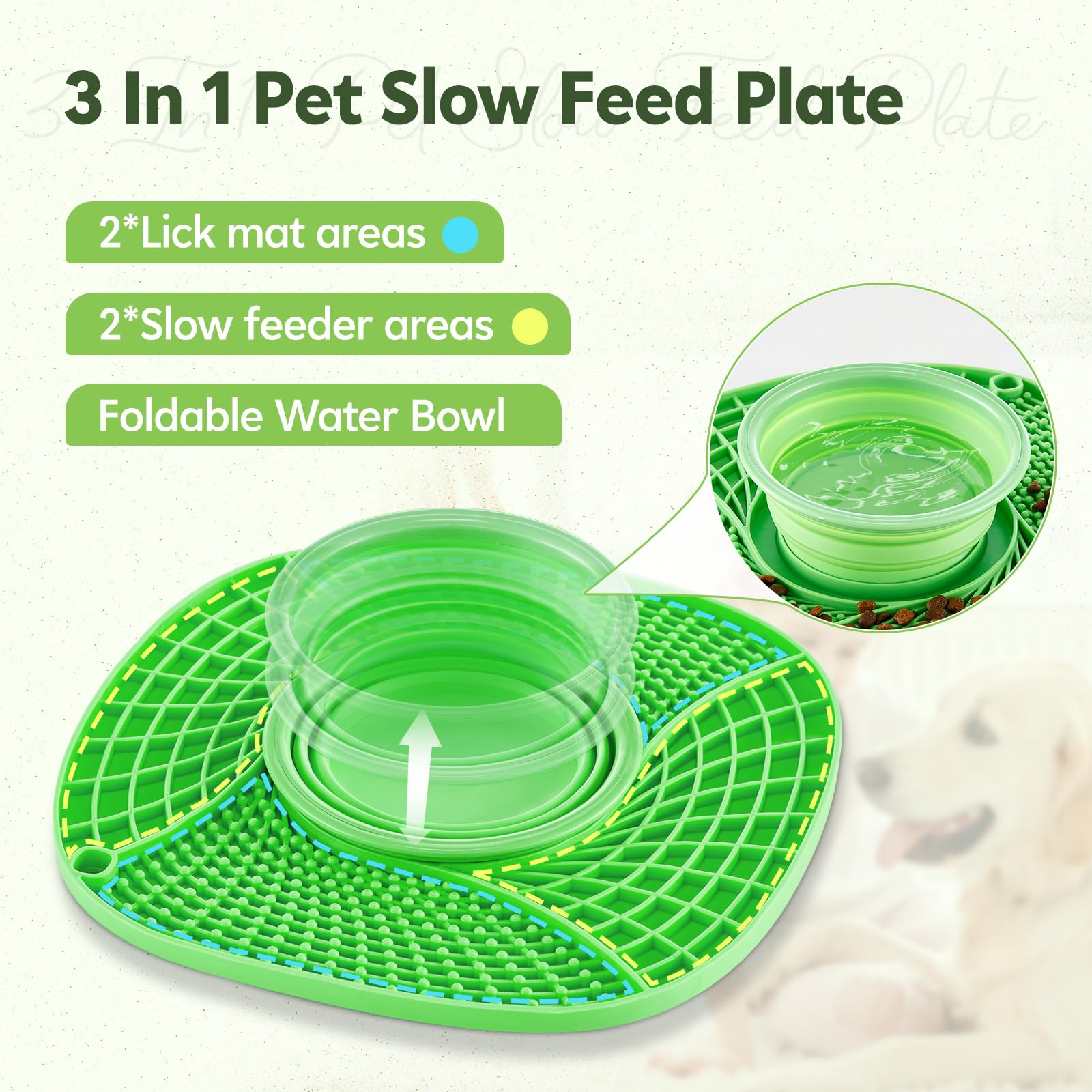 3-in-1 Slow Feeder Licking Mat for Dogs & Cats - Anxiety Relief Lick Pad with Suction Cups, Foldable Water Bowl for Healthy Eating | Perfect for Bathing, Grooming, Training & Mealtime Enrichment (Green)