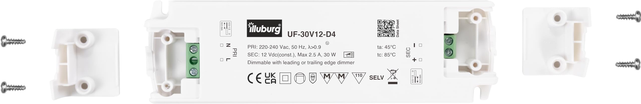 illuburg 12V Dimmable LED Transformer for LED Strip Lights - Triac Compatible, 6W-30W Power Supply Driver - Perfect for Home, Office, and Commercial Lighting