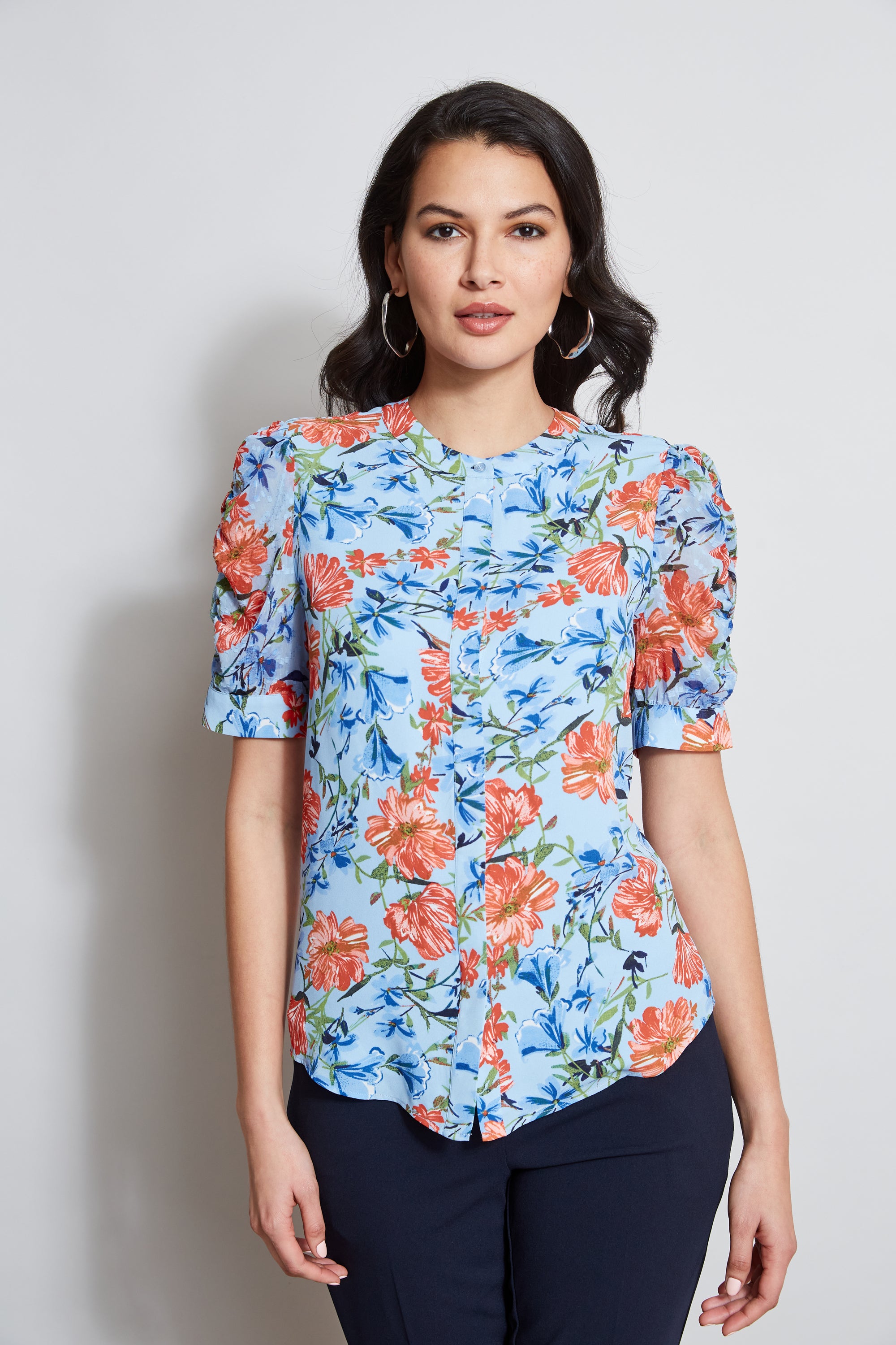 Tahari Floral Puff Sleeve Blouse - Women's Elegant Garden Print Top for Work, Date Night & Spring Outfits