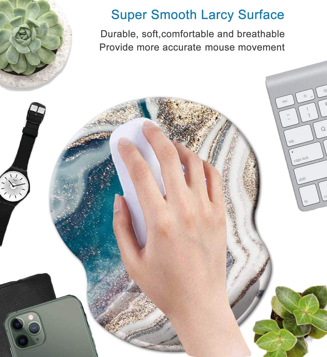 Ergonomic Mouse Pad with Wrist Support - Non-Slip Desk Mat for Office, Computer, Laptop & Mac - Durable Comfortable Lightweight Mousepad (Green Golden Marble) - Perfect for Long Work Hours & Gaming Sessions