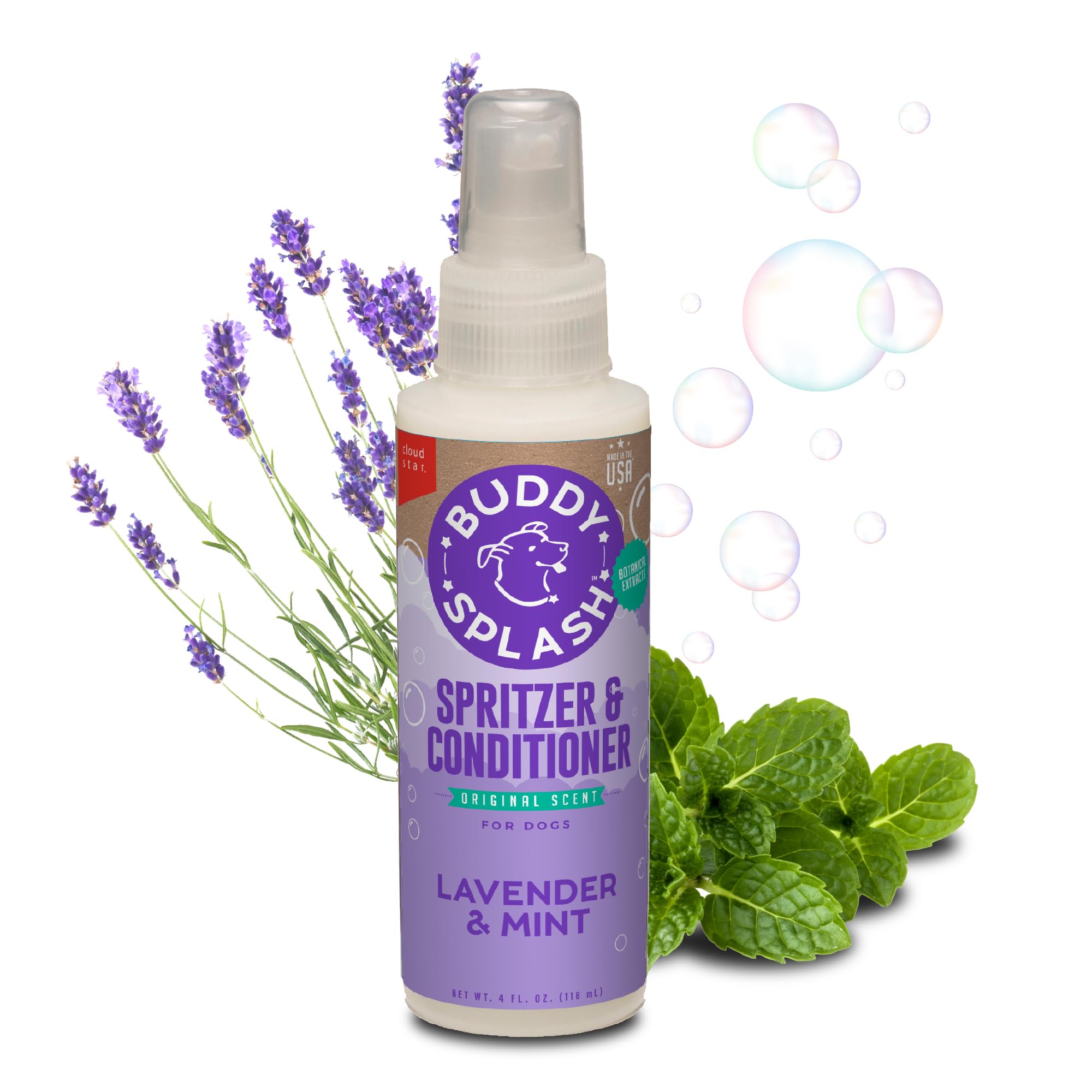Buddy Splash Spritzer & Conditioner for Dogs - Lavender & Mint Scented Leave-In Spray (4oz) | Detangling, Moisturizing & Deodorizing Dog Grooming Spray | Perfect for Bath Time, Brushing & Between Washes