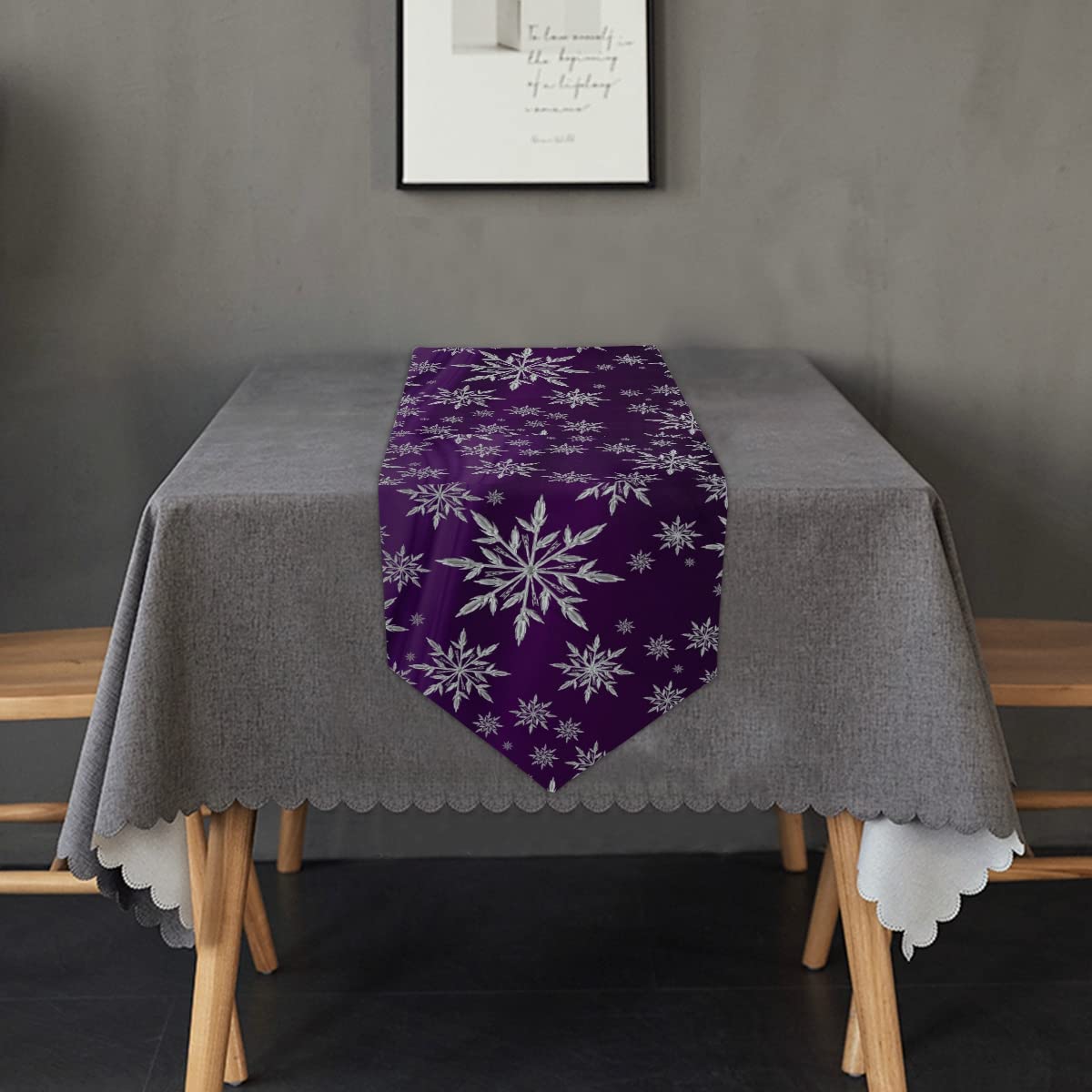 Snowflake Christmas Table Runner - 13x70 Inch Purple Holiday Dining Table Decor for Winter & New Year Celebrations | Perfect for Festive Kitchen Decorations, Christmas Dinner Parties & Seasonal Home Styling