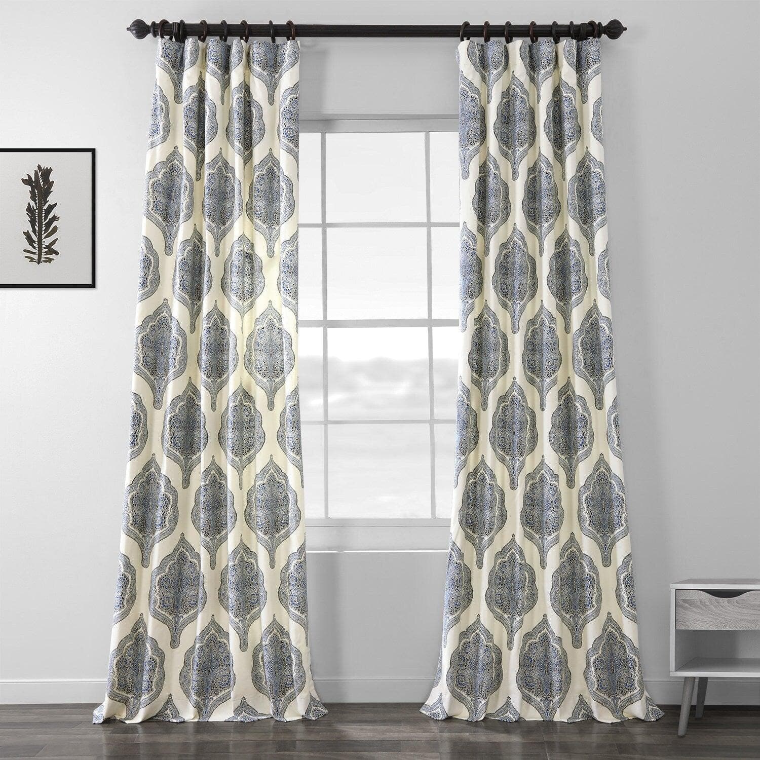 Arabesque Blue Emblem Printed Cotton Blackout Curtains for Living Room & Bedroom - Elegant Window Treatment for Light Blocking & Privacy