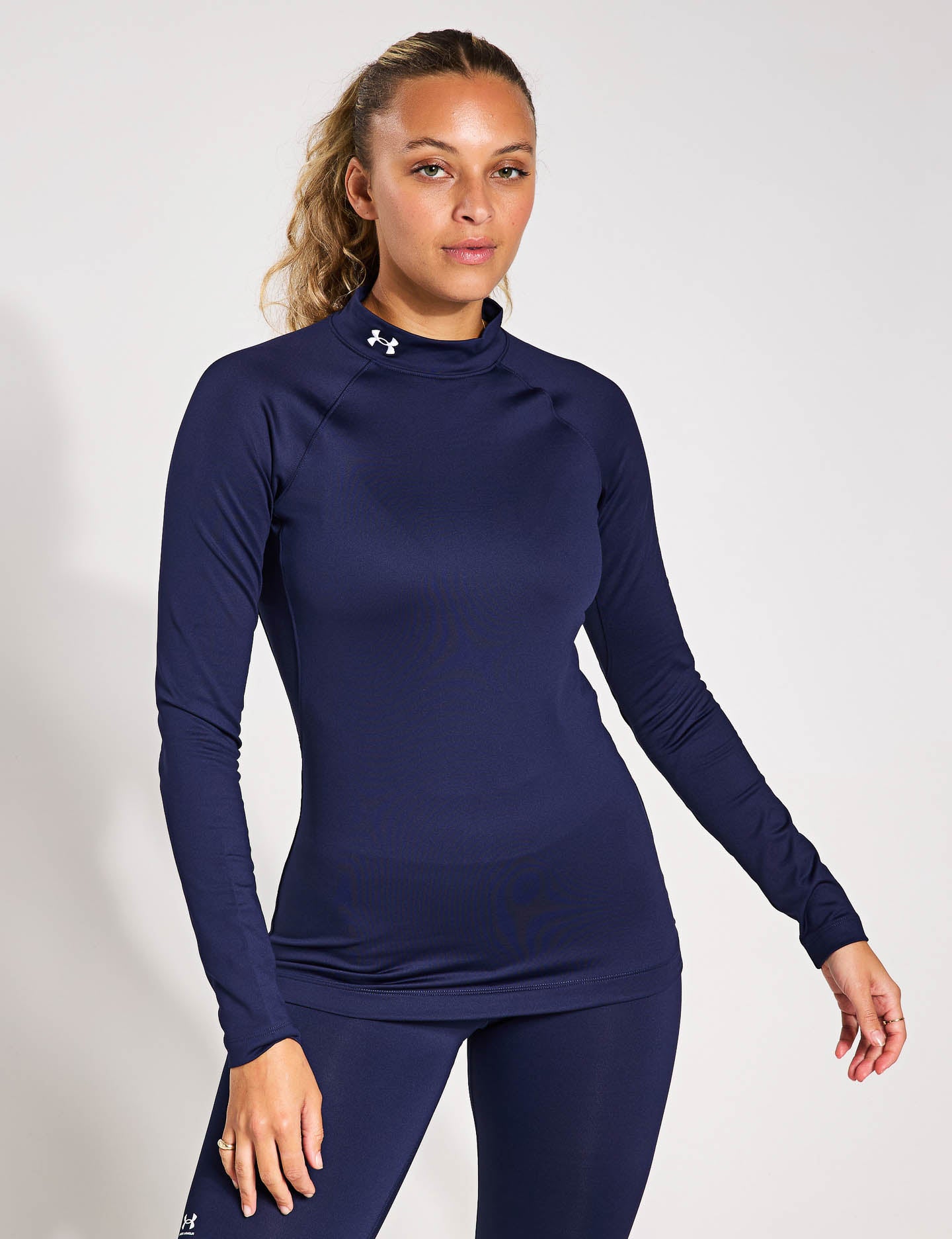ColdGear Authentics Mock Neck Long Sleeve Shirt for Men - Midnight Navy/White - Moisture-Wicking Thermal Base Layer for Winter Sports & Outdoor Activities