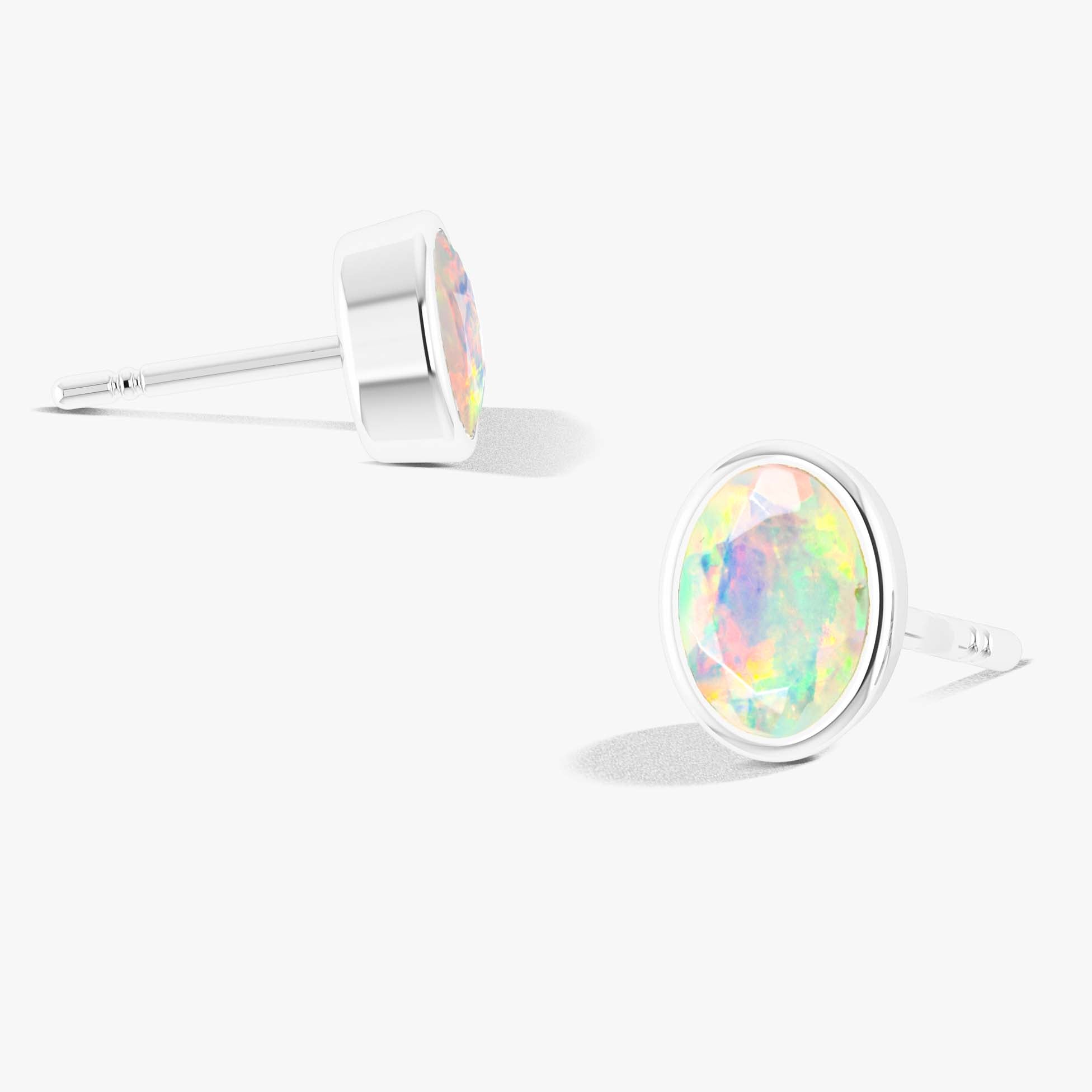 Natural Oval Opal Stud Earrings for Women - Hypoallergenic Sterling Silver Multifire Gemstone Jewelry - Perfect for Everyday Wear, Weddings & Special Occasions