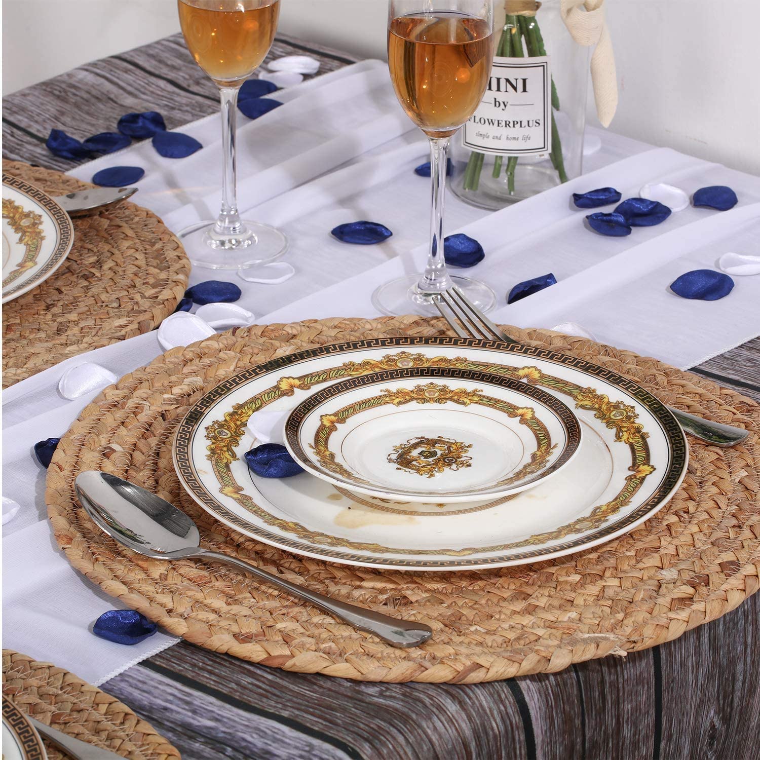 4-Piece Round Woven Placemats Set - 13 Inch Natural Wicker & Water Hyacinth Braided Table Mats - Rustic Rattan Chargers for Dining Table Decor - Perfect for Farmhouse, Boho, and Coastal Home Styling