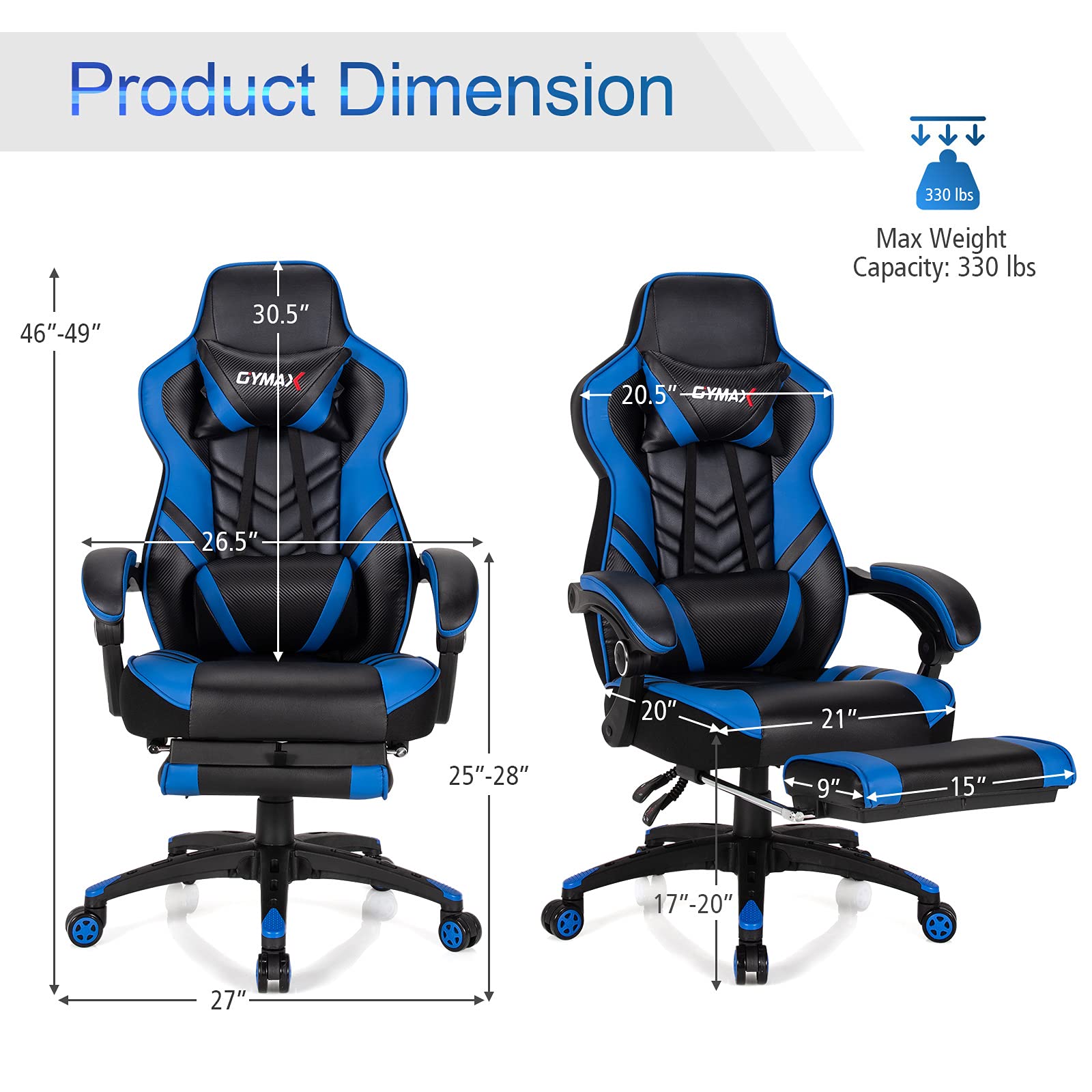 GYMAX Ergonomic Gaming Chair with Footrest - Adjustable Linkage Armrests & Lumbar Support - High Back Reclining Office Computer Chair for Adults & Teens - Perfect for Gaming, Working & Home Office (Blue)