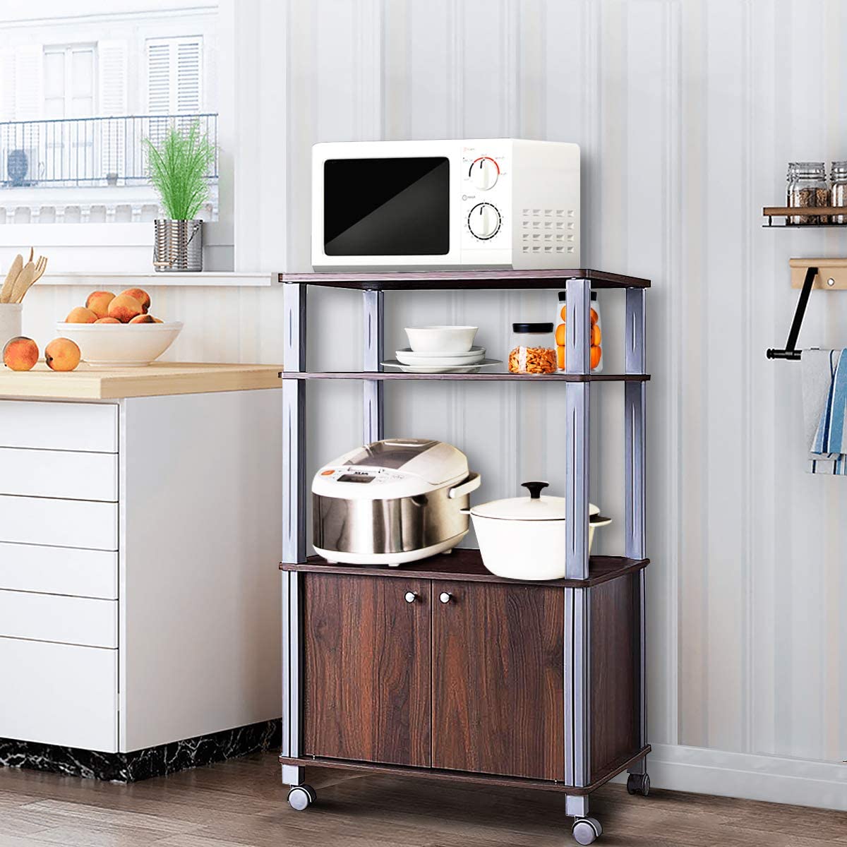 3-Tier Rolling Microwave Stand with Utility Shelves - Multifunctional Kitchen Baker’s Rack, Spice Organizer & Storage Cart for Home, Dining Room or Commercial Use (Brown) | Perfect for Small Spaces, Apartment Kitchens & Restaurant Prep Stations