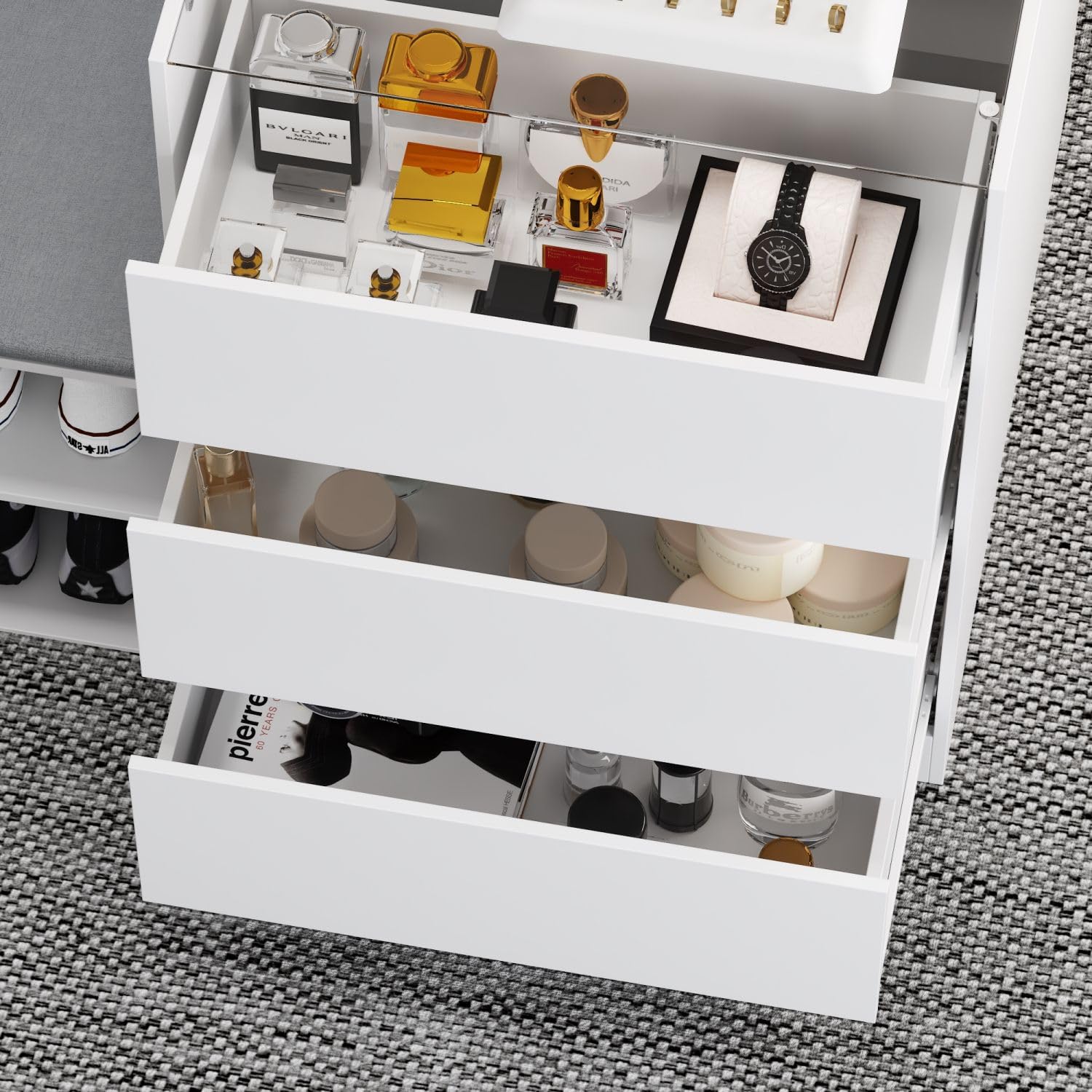 White Bedroom Island Wardrobe Closet with 9 Drawers, Glass Tabletop & Cushion Bench - 47.2”W x 27.5”D x 31.5”H - Perfect for Bedroom Organization, Cloakroom Storage & Dressing Area