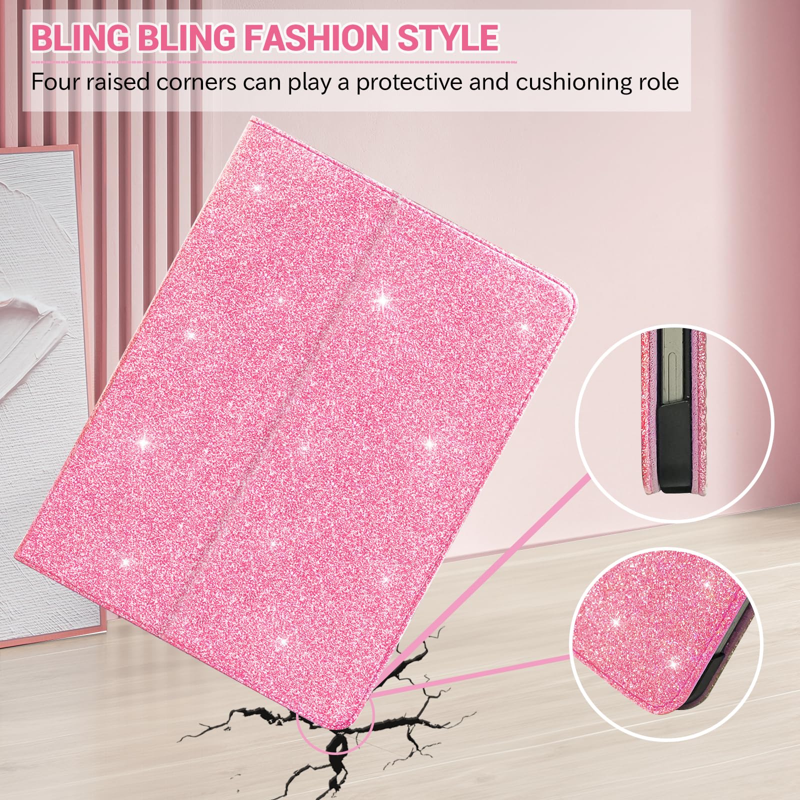 FS FANSONG Glitter iPad Case for iPad Air 11 (2024 M2) & iPad Pro 11-inch (4th/3rd/2nd Gen) - Slim Sparkly Protective Cover with Auto Sleep/Wake - Perfect for Work, School & Travel (Pink)
