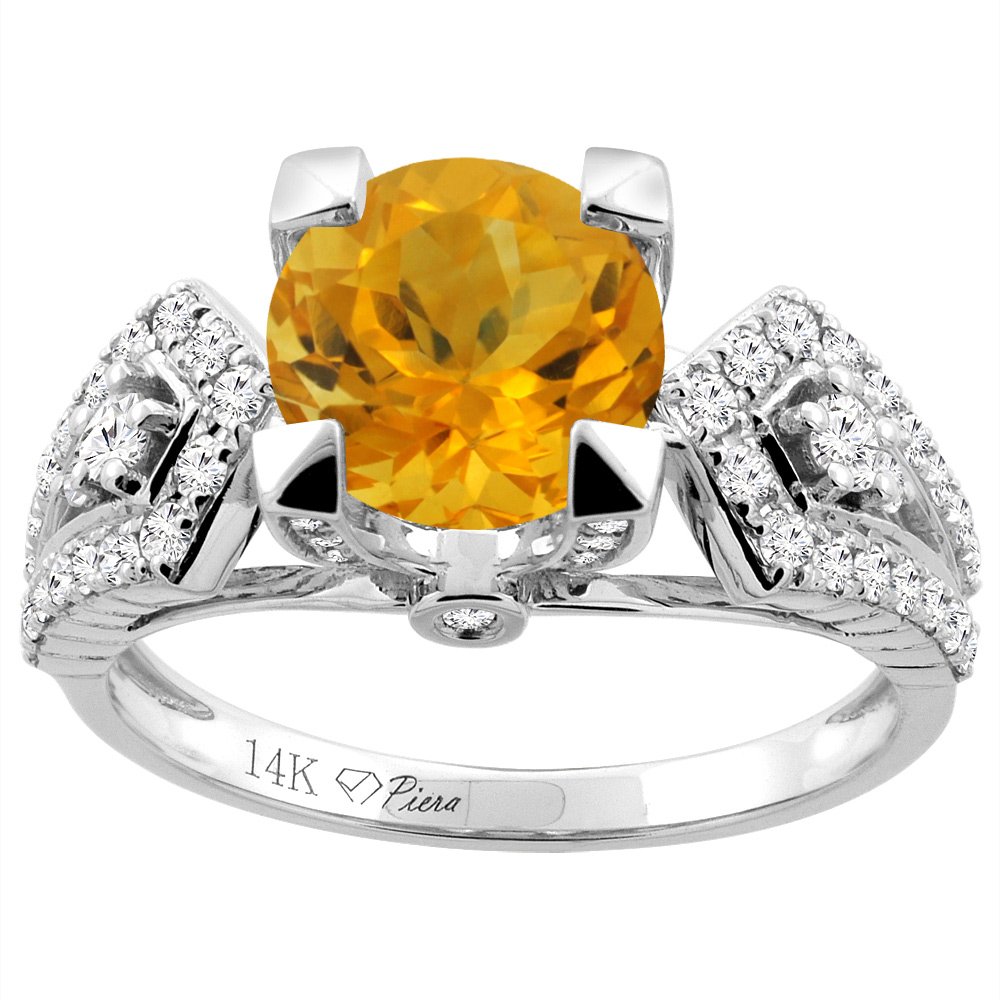 14K Gold Natural Citrine Ring with 7mm Round Cut Diamond Accents - Sizes 5 to 10 - Perfect for Anniversary Gifts, Birthday Presents & Special Occasions