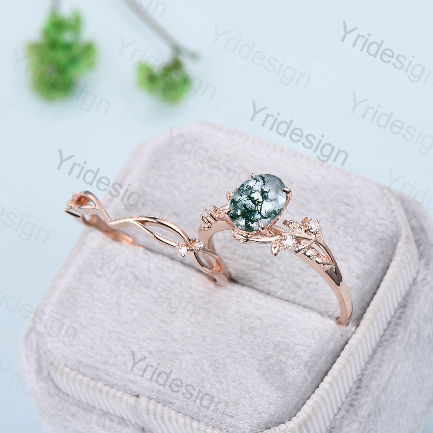 1.5CT Oval Moss Agate & Diamond Vintage Wedding Ring Set in 14K Rose Gold - Nature Inspired Aquatic Crystal Engagement Ring for Women, Bridal Jewelry Gift for Anniversary & Proposal
