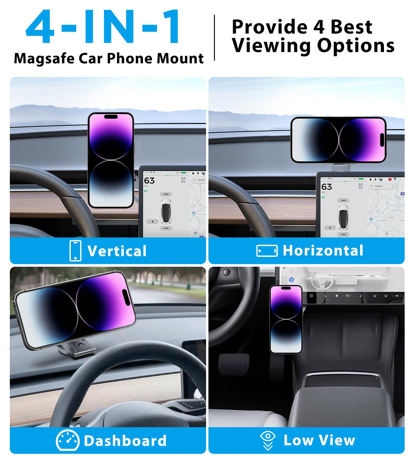 Nycetek Tesla Phone Mount Holder for MagSafe - Super Strong Suction Dashboard Magnetic Car Mount Compatible with iPhone 15/14/13/12 Pro Max & Samsung Galaxy - Foldable Alloy Design for Tesla Model Y/3/S/X Accessories 2023 - Perfect for Hands-Free Navigation & Streaming While Driving