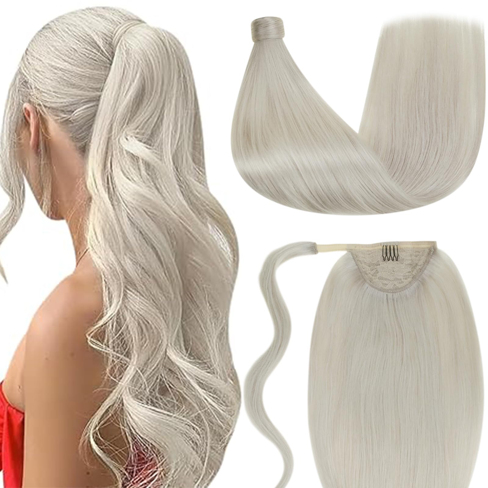 LaaVoo 16 Inch Blonde Straight Human Hair Ponytail Extension - 80g Wrap Around Real Human Hair for Women | Perfect for Parties, Weddings & Everyday Styling