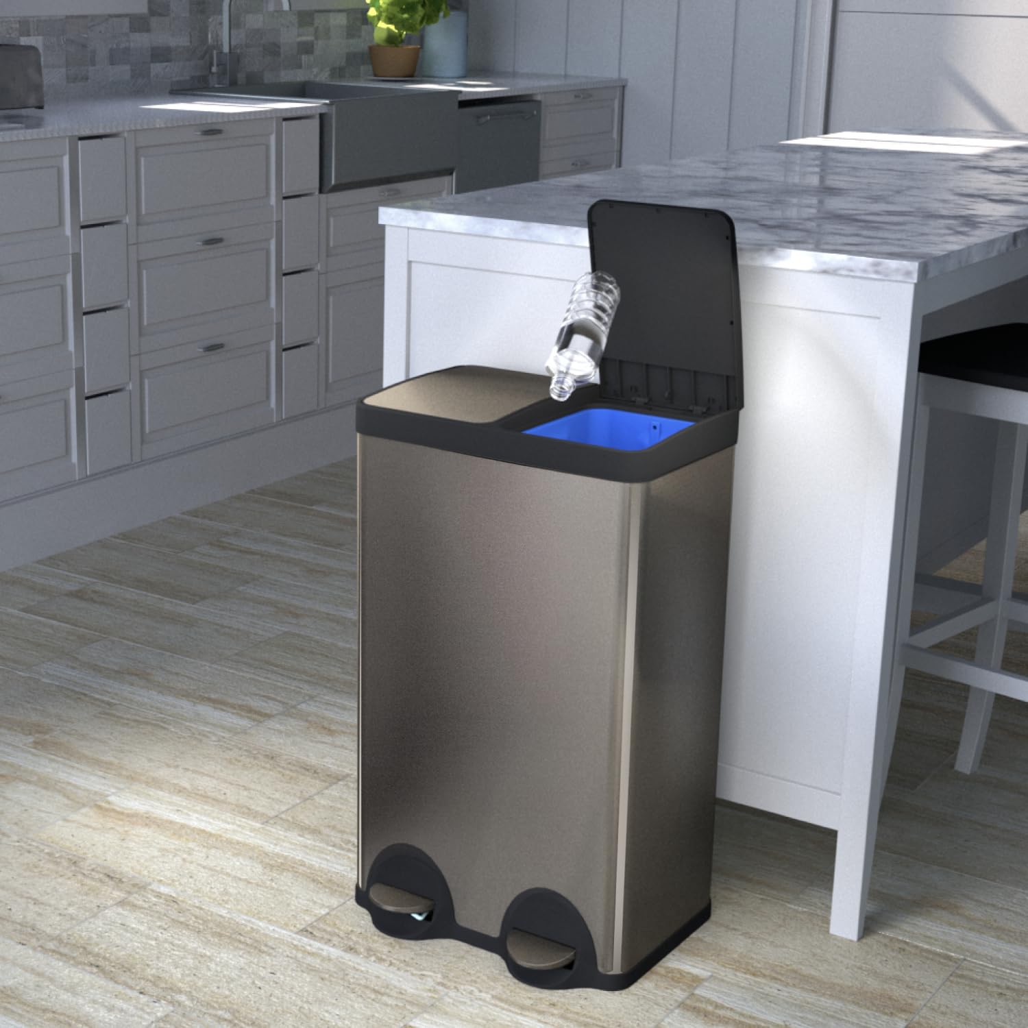 15.8 Gallon Stainless Steel Kitchen Trash Can with Dual Removable Liners - Black Recycling & Waste Bin for Home & Office | Space-Saving Design for Small Kitchens & Pantries