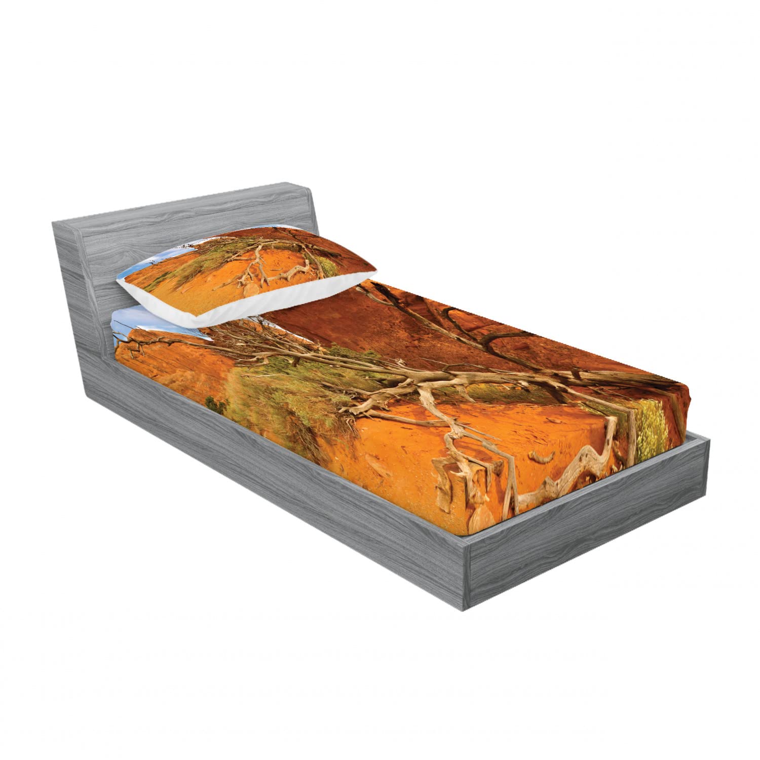 Ambesonne 2-Pack Twin Fitted Sheets & Pillow Sham Set - Grand Canyon Inspired Orange & Blue Bedding Decor (4-Piece Set) | Perfect for Kids Rooms, Dorm Essentials & Guest Bedroom Makeovers